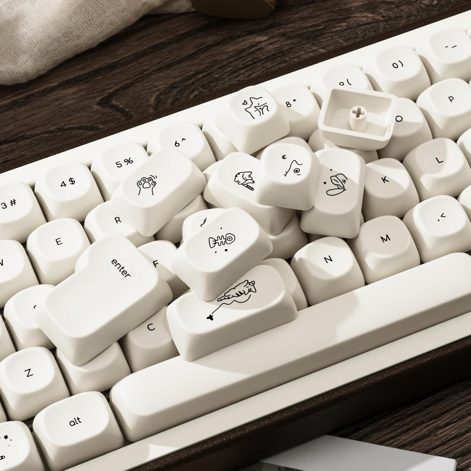 PBT Keycaps Set 124 Keys, Minimalist Style Custom White Cat Keyboard Dye-Sublimation MOA Profile Keycaps 60 65 75 100 Percent