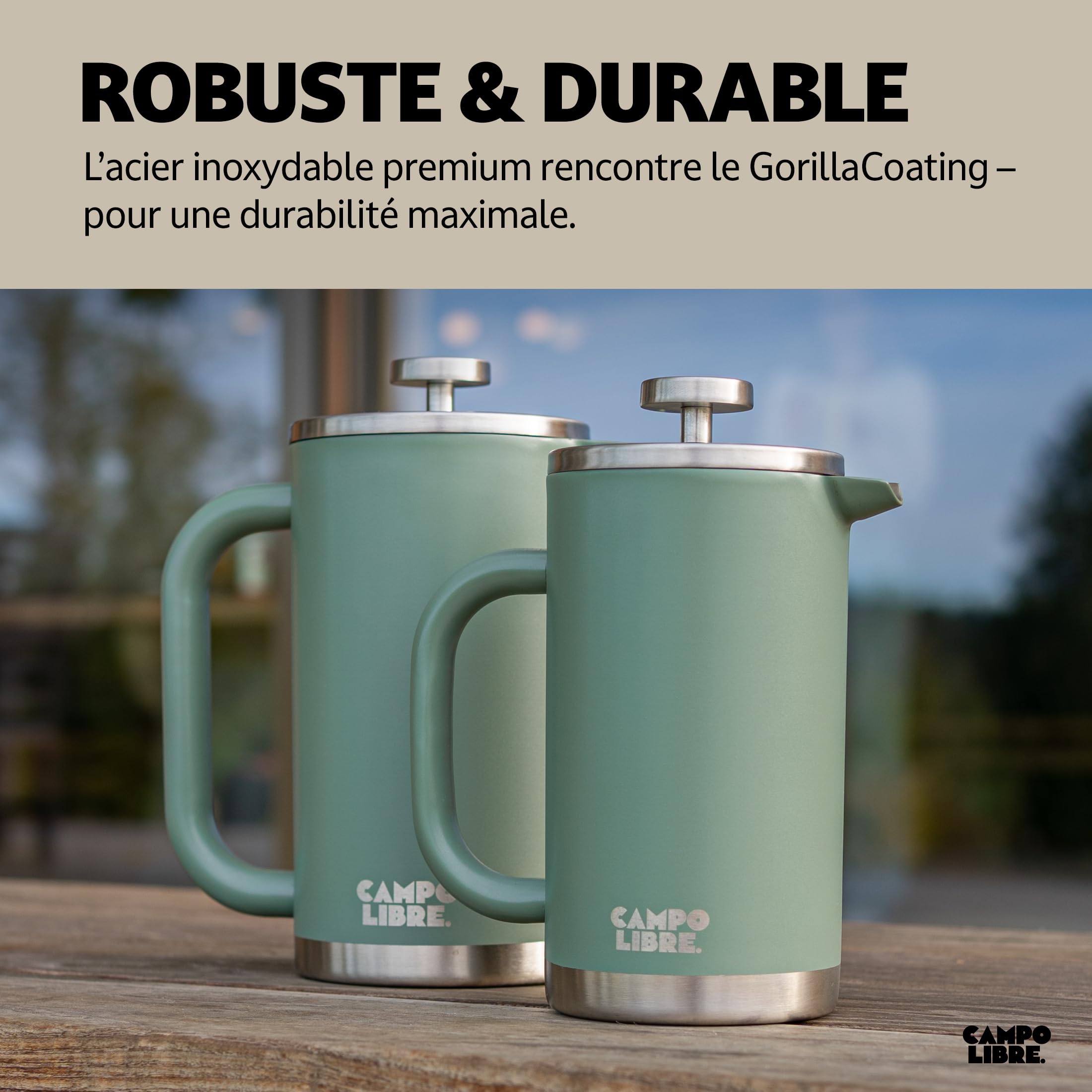 Campo Libre.® GIORGIO – Cafetiere a Piston en Acier Inoxydable Recyclé, Double Paroi Isotherme, Sans Plastique – French Press avec Filtre de Rechange – Passe au Lave-Vaisselle. Vert, 1000ml, 1l