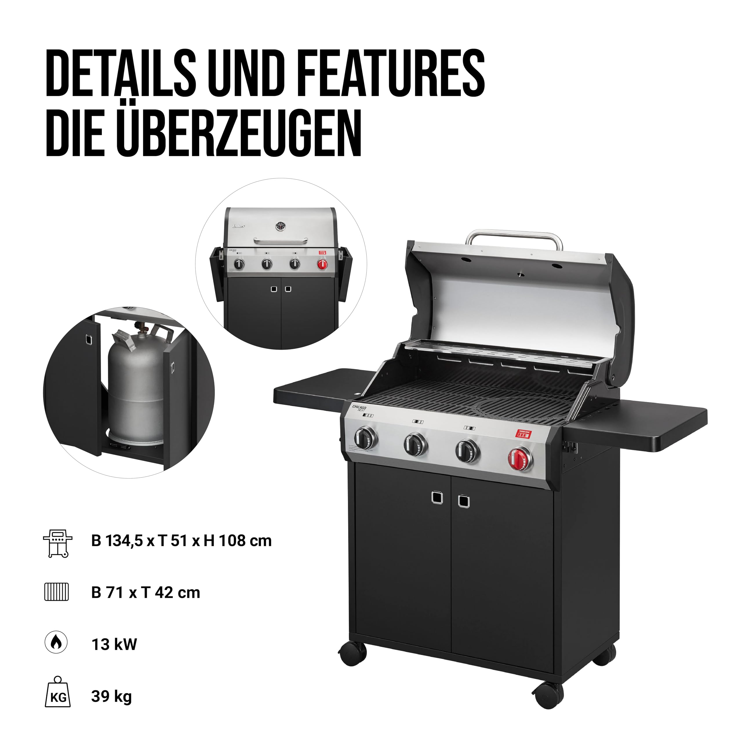Enders® Gasgrill CHICAGO NEXT 4 R Turbo, 4 Edelstahlbrenner, doppelwandige Garhaube, 2 abklappbare Seitenablagen, integriertes Thermometer - SWITCH GRID™ 13.0 kW, 800 °C TURBO ZONE™, #89366