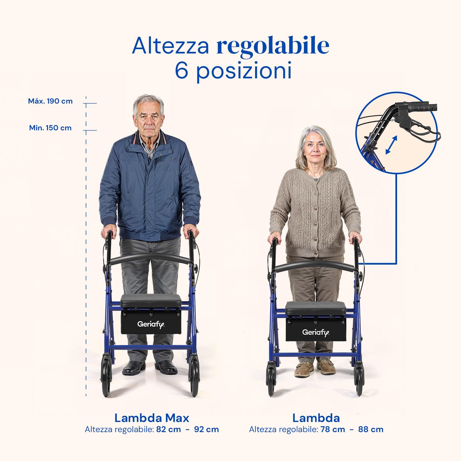 Geriafy - Deambulatore per Anziani Pieghevole e Leggero | Modello Lambda | Girello con Seduta e Freni a Leva | Rollator 4 Ruote (15 cm) e Cestino | DM Classe I (Blu)