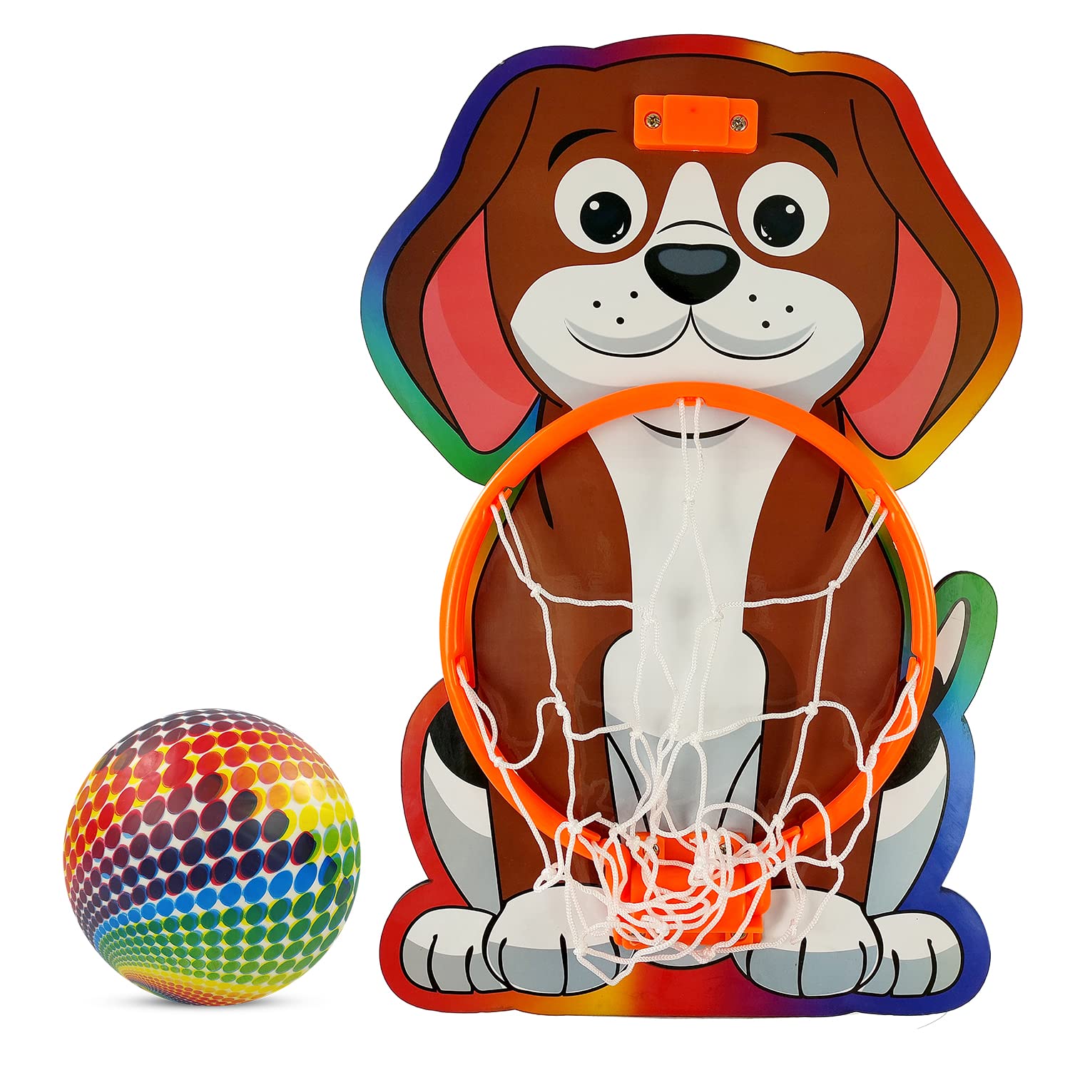 Small Basket Ball kit Set with Ring for Kids, Playing Indoor Outdoor Basket Ball, Hanging Board with Net & Ball (Animal FACE Pattern) Multicolor (NU_Dog_Basketball)