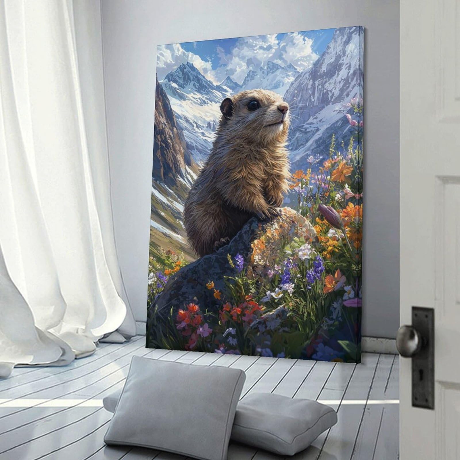 Junmoney Marmot in Mountain Meadow Room Decor Wall Art 24x36inch(60x90cm), for Bedroom Decor, Cosy Corners Or Studios, A Warm Accent for Relaxed Interiors