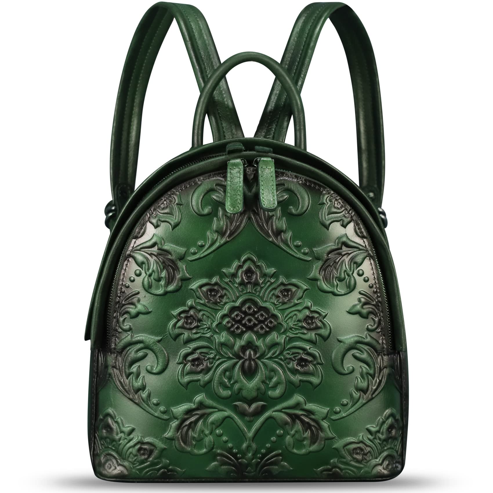 FEIGITOR Genuine Leather Backpack for Women Purse Retro Embossed Leather Knapsack Handmade Rucksack Casual Daypack (Green)