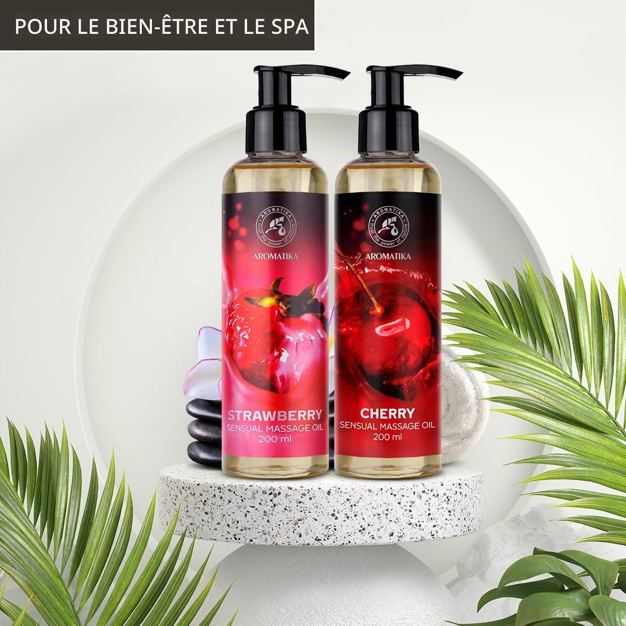 Huile de Massage Sensuel Set 2x200ml - Fraise & Cerise - Mélange Naturel d'huiles de Pépins de Raisin et Amande - Huile Corporelle pour Lui et pour Elle - Huile de Massage Relaxante