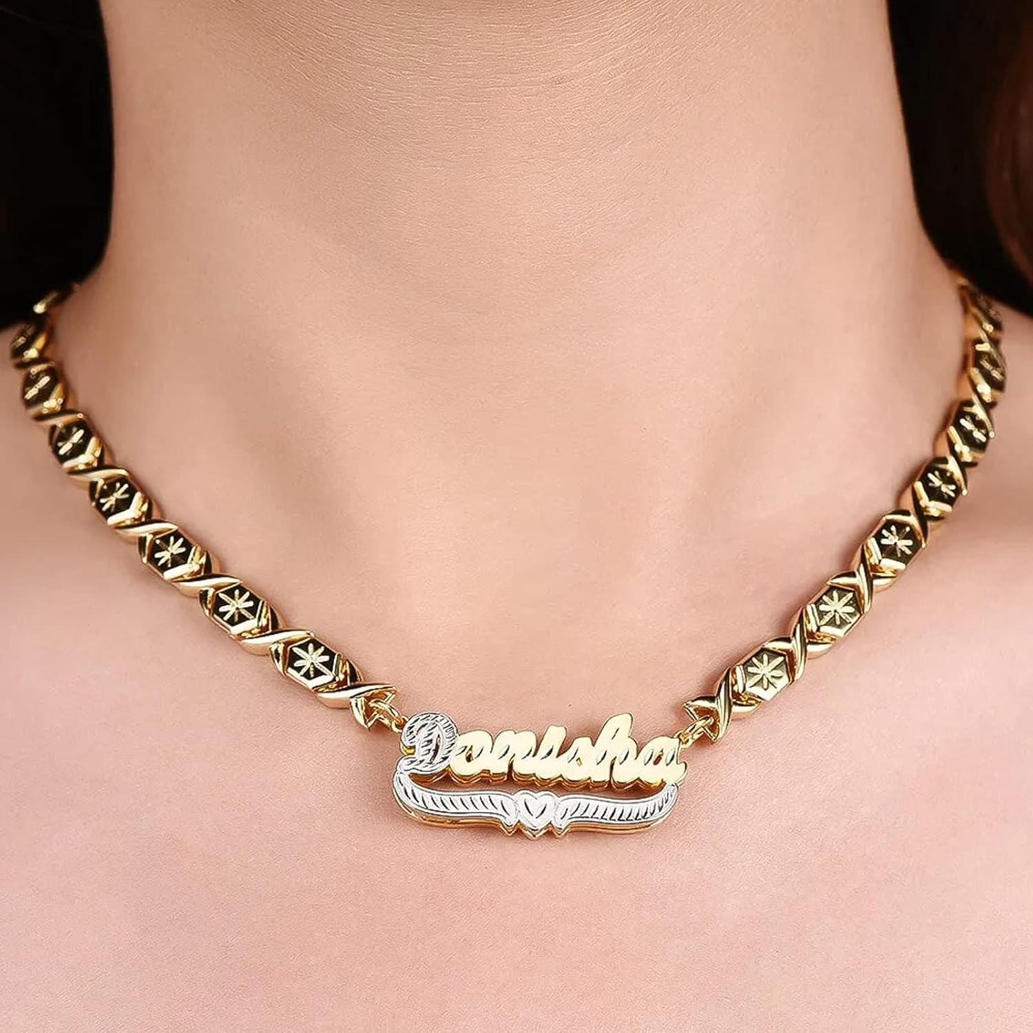 Double Plated Nameplate Name Necklace Custom Heart Necklace Personalized Two Tone Gold and Silver Custom Name Necklace for Women Teen Girls Jewelry Gift