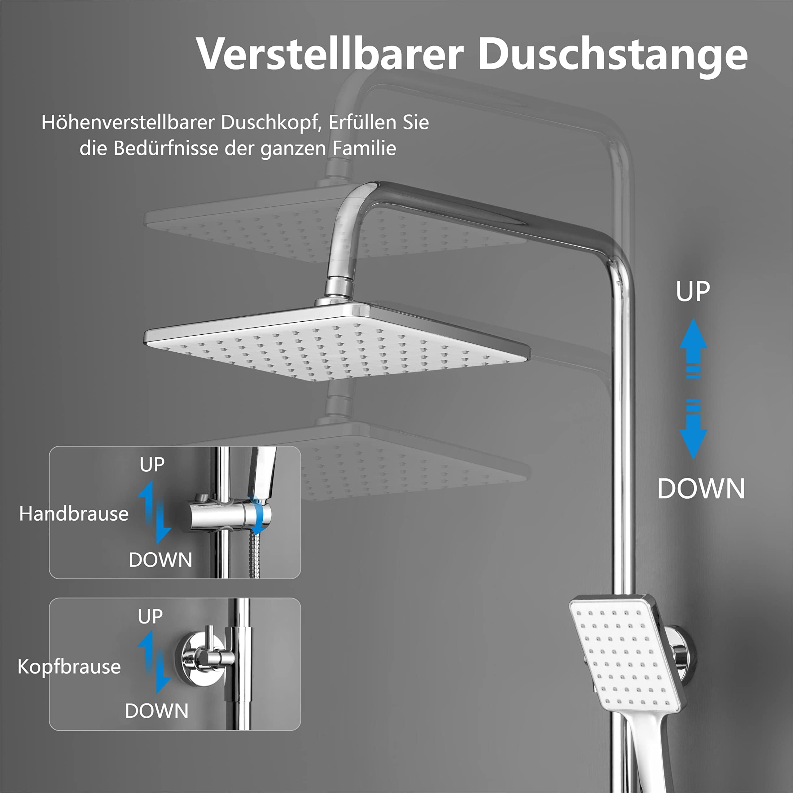 YOOZENA Duschsystem mit Thermostat, Regenduschkopf 26x19 cm, Handbrause, Chrom, Kupfer, höhenverstellbare Duschstange,duscharmatur komplettset
