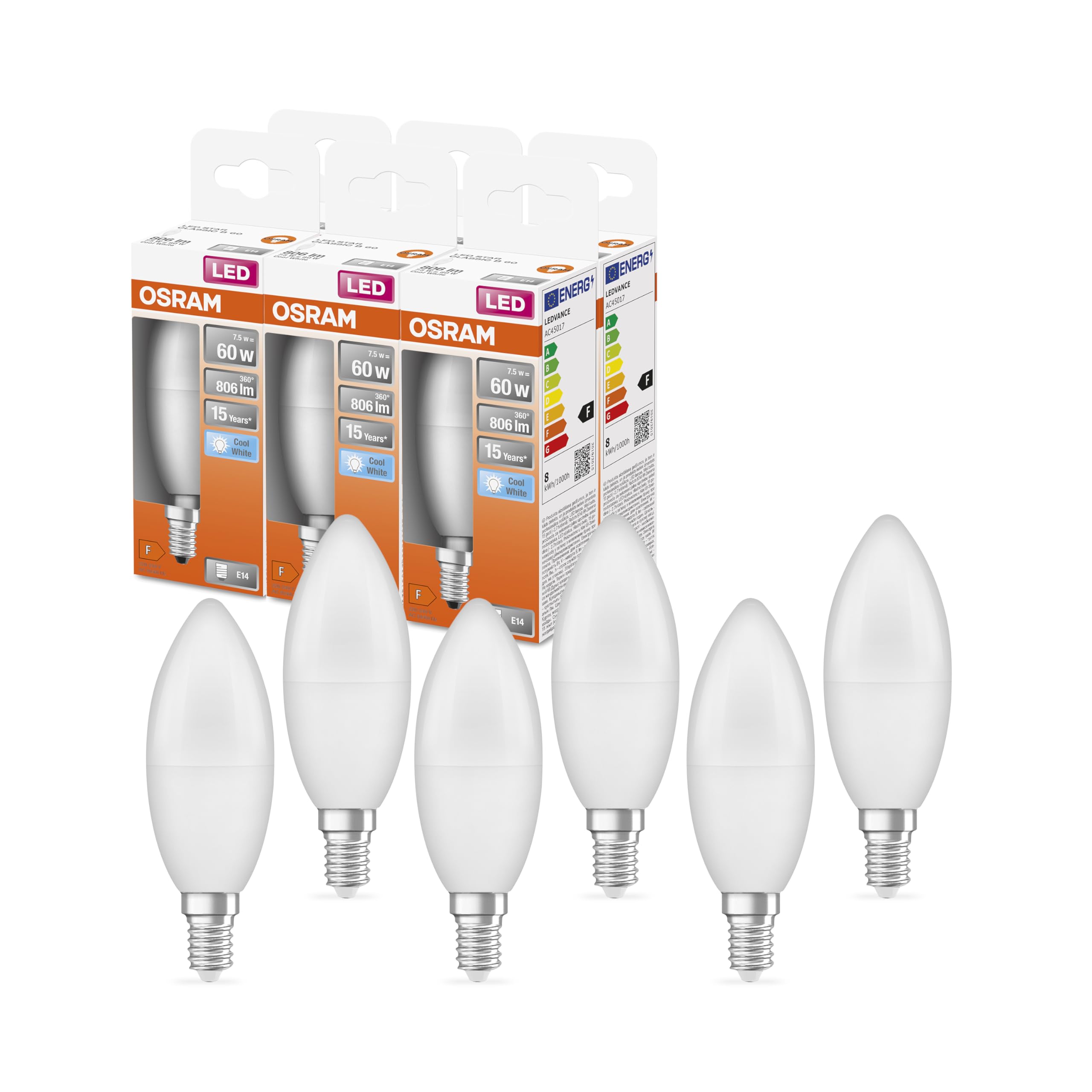 Osram LED Star Classic B60 LED Lampe für E14 Sockel, Kerzenform, FR, 806 Lumen, kaltweiß (4000K), Ersatz für herkömmliche 60W Glühbirnen, nicht dimmbar, 6er-Pack