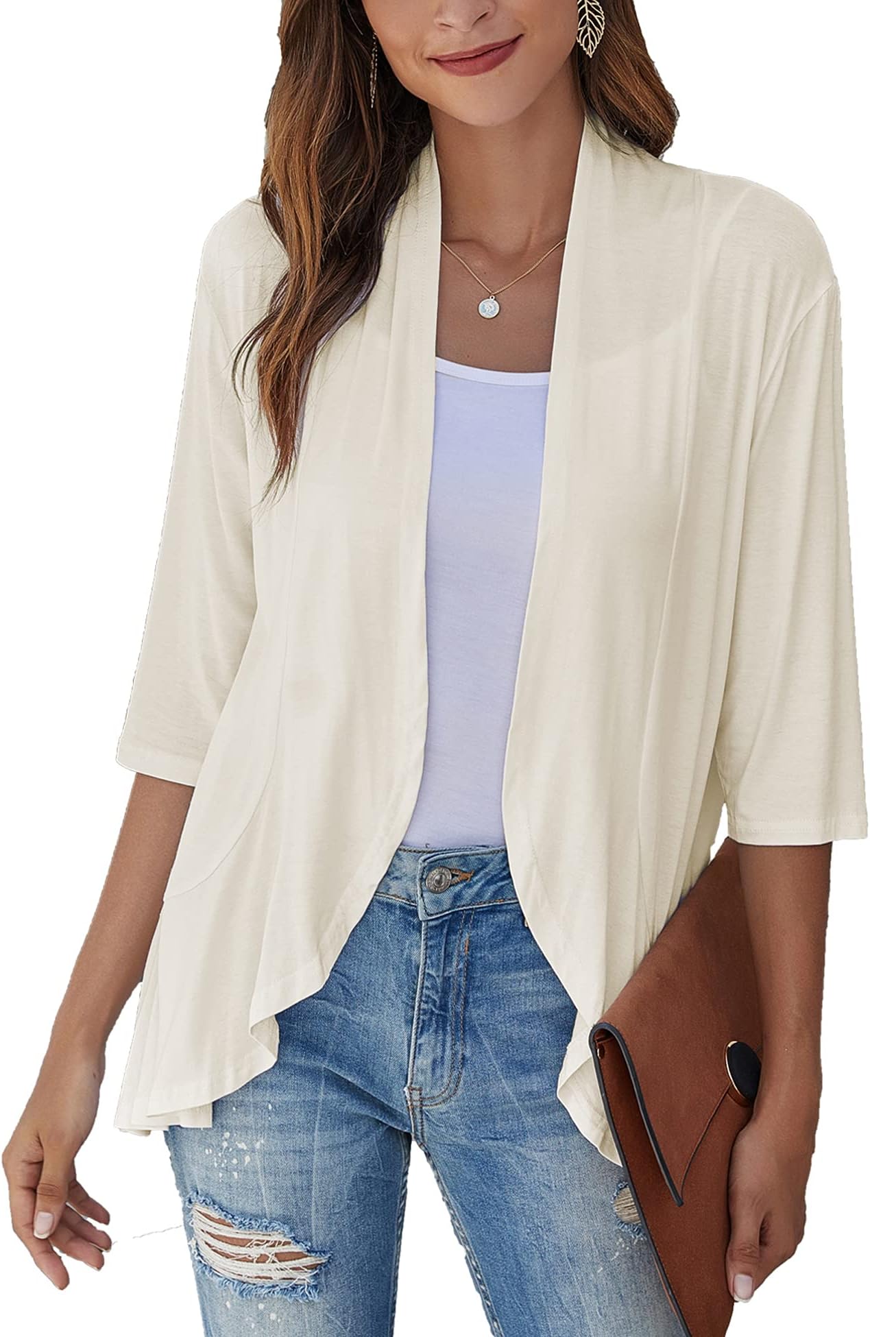 Bluetime Women Sunmer Open Front Cardigan 3/4 Sleeve Draped Ruffles Soft Casual Lightweight Duster (S-3XL) (L, New-Beige)