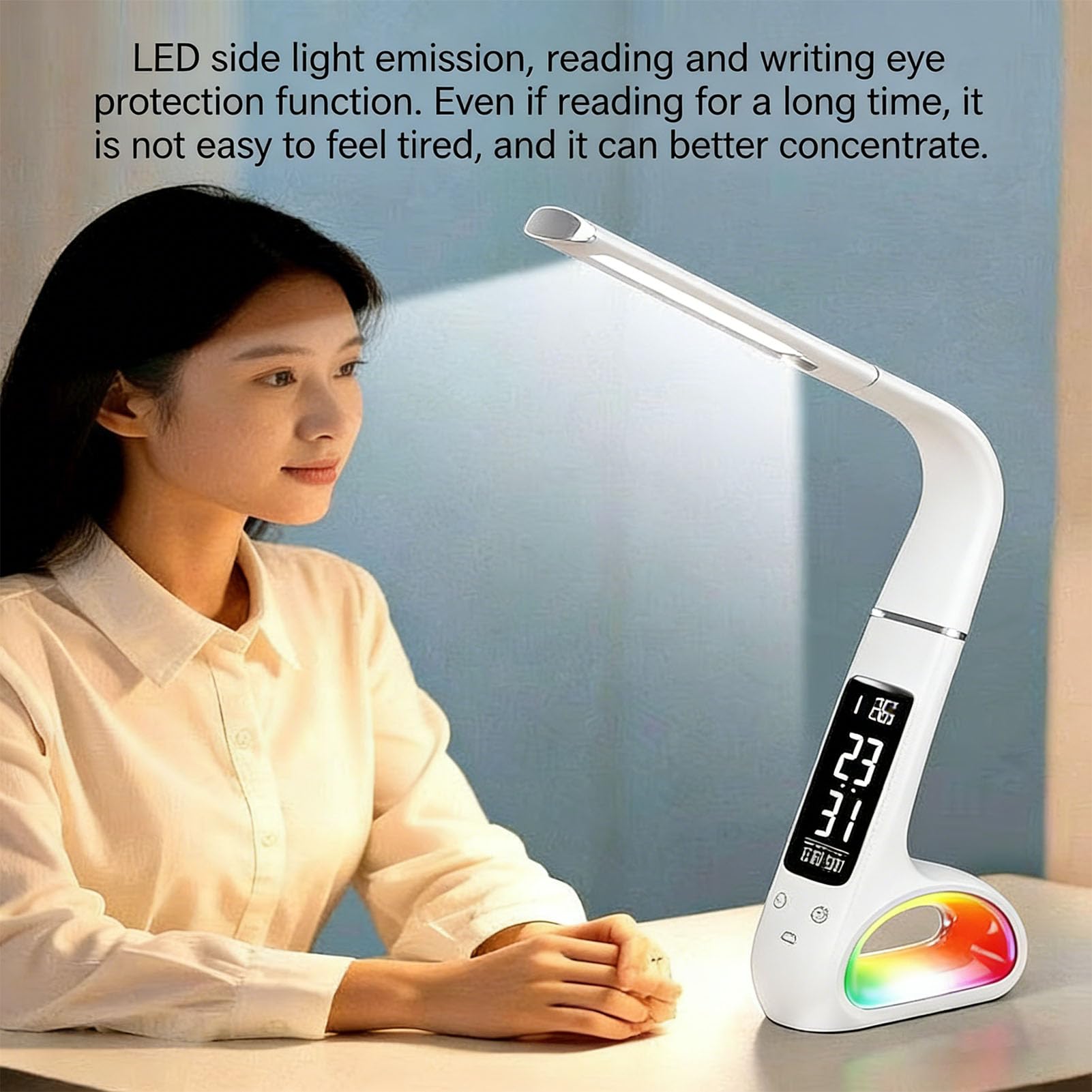 Lampada da Scrivania Intelligente a LED 3 in 1 Pieghevole Ricaricabile con Sveglia, Attenuazione Continua per la Cura degli Occhi Luce Notturna RGB a 3 Colori, per Ufficio Camera