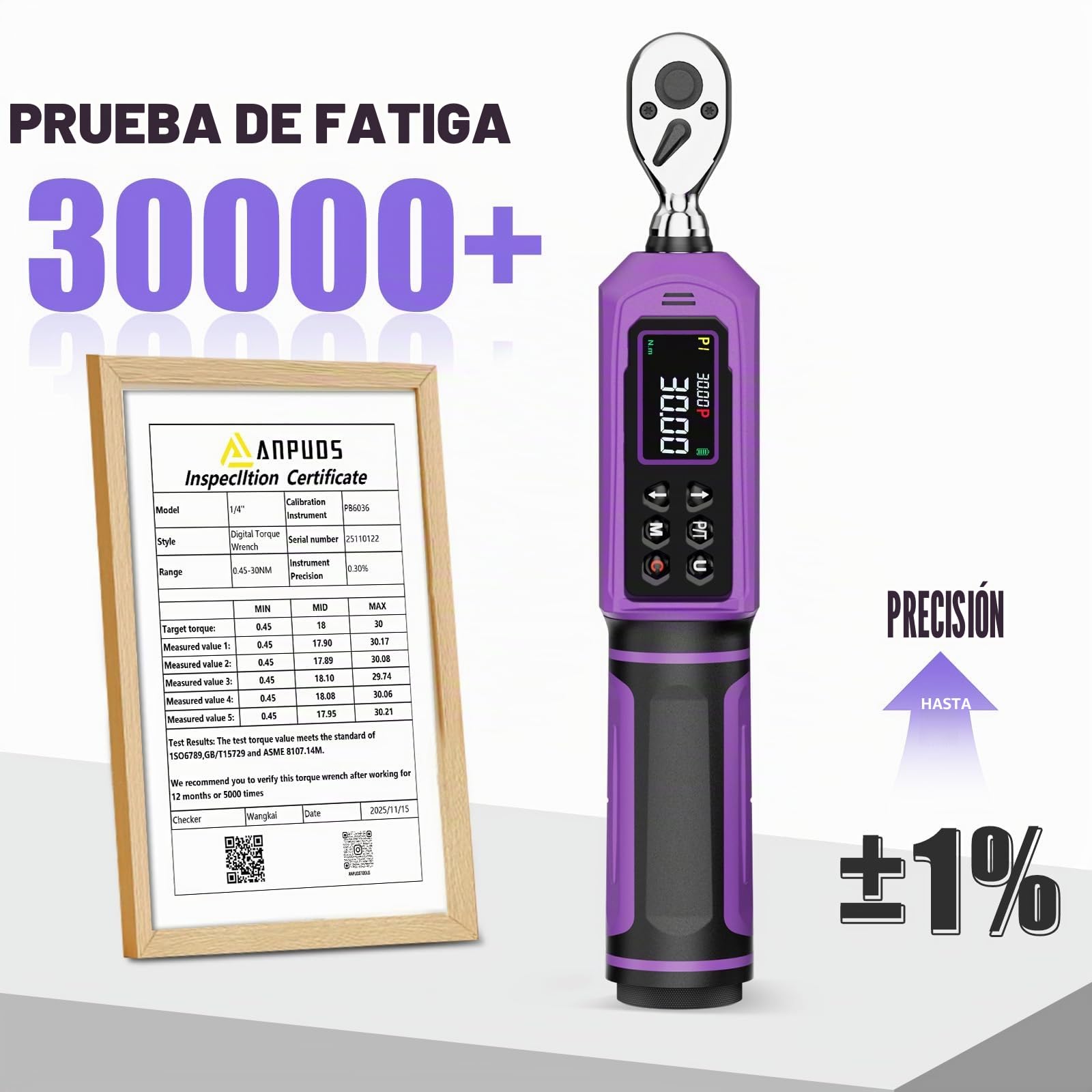 ANPUDS Llave Dinamométrica Digital 1/4", 0,45-30 Nm Llave Dinamométrica | con ± 1% de precisión de error, vibraciones, zumbador e indicador LED, para Reparación y Mantenimiento de Bici, Moto(Morado)