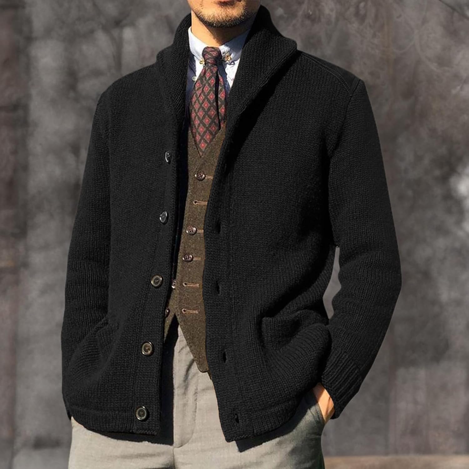 Runcati Mens Shawl Collar Cardigan Sweaters Button Down Cable Knitted Loose Fit Knitwear Open Front Sweaters Winter Outwear - Image 5