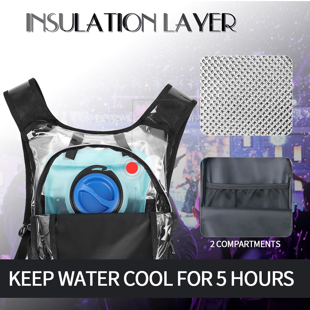 Mochila de hidratación con bolsa de hidratación de 3 L, aislamiento ligero, esencial para festivales, mochila de hidratación para rave, senderismo, ciclismo, correr, equipo de festival