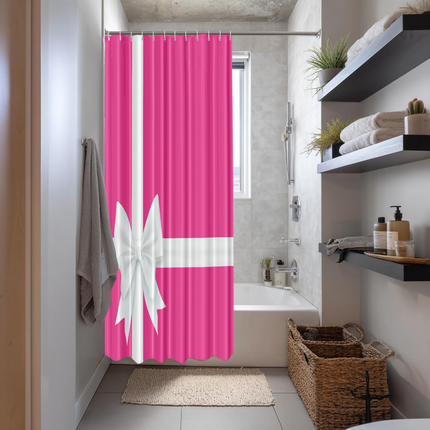 Shrahala Hot Pink Decorative Shower Curtain, Magenta with White Bow Bathroom Décor Polyester Fiber Waterproof with Plastic Rings for Shower Stall Bathtubs 72 X 72 in