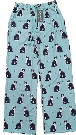 E&S Imports Unisex Cat Lounge Pants, Green Pajama Bottoms with Black and White Tuxedo Cat and Paw Prints