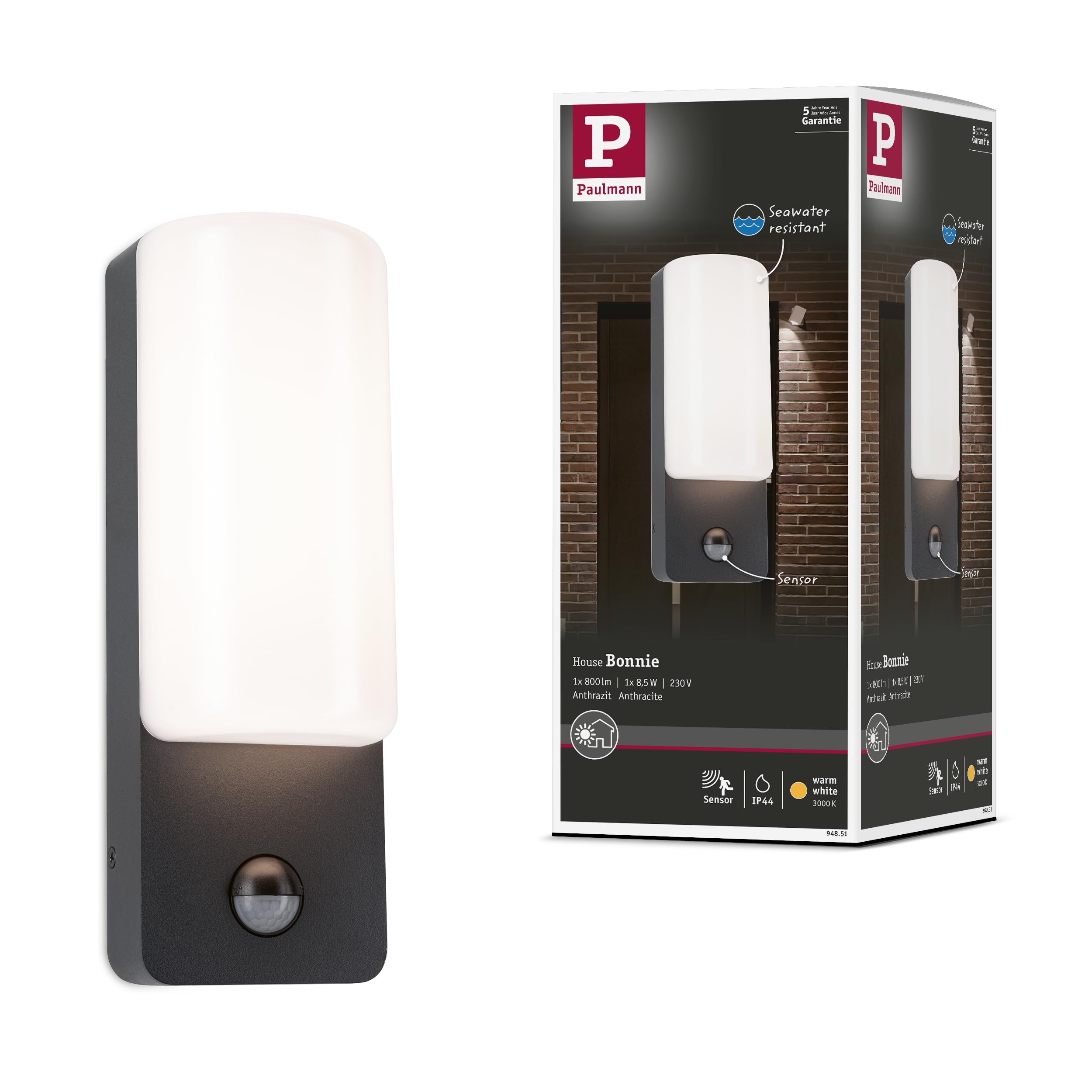 Paulmann 94851 LED oprawa na ścianę zewnętrzną Bonnie czujnik ruchu IP44 93x77mm 3000K 8,5W 560lm 230V antracyt, aluminium, oprawa zewnętrzna