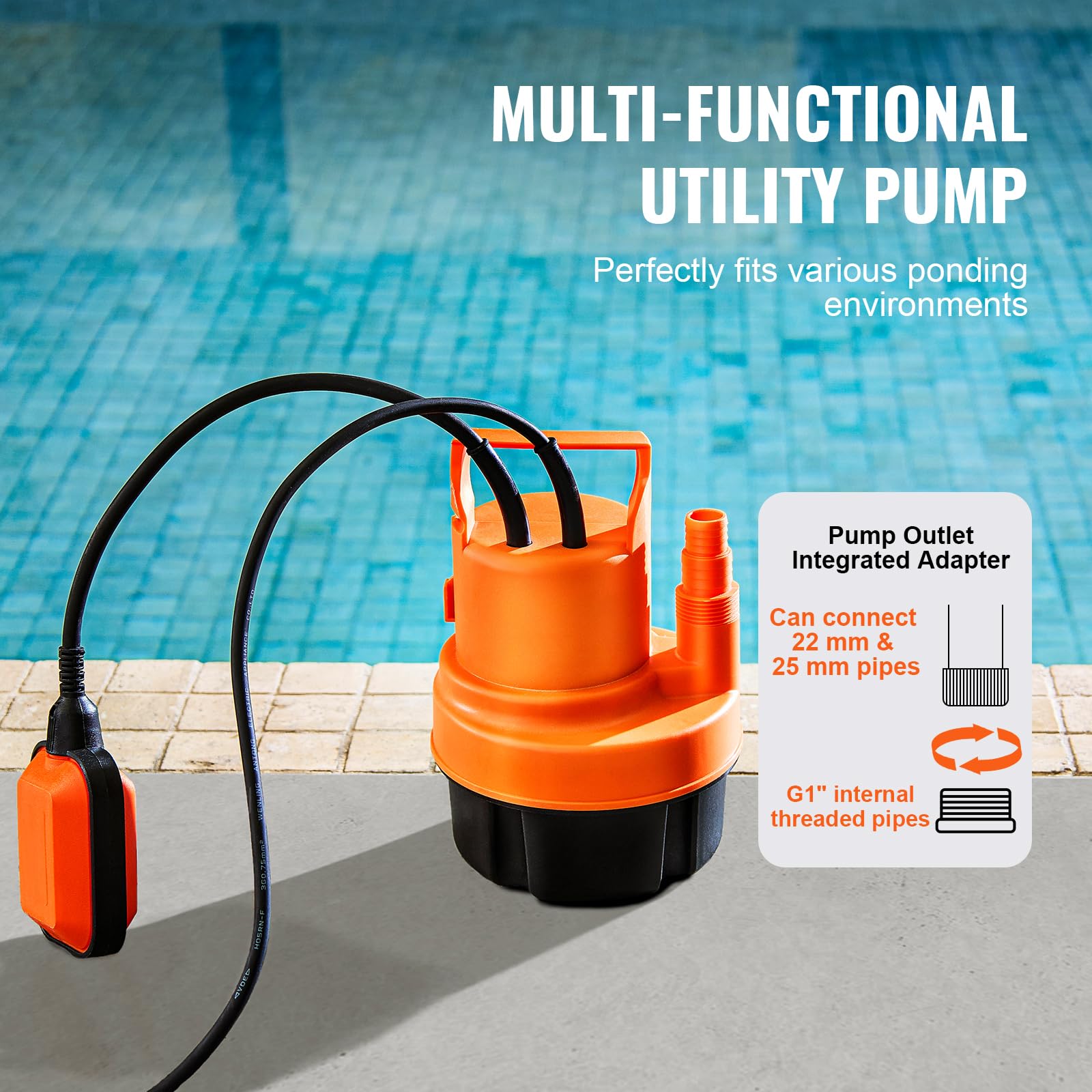 VEVOR Pompa ad Acqua Sommergibile 320 W Pompa Acque Scure Portata Elevata 6000 L/H Prevalenza da 7 m con Cavo di Alimentazione per Scaricare l'Acqua dalla Piscina Stagno da Giardino Seminterrato