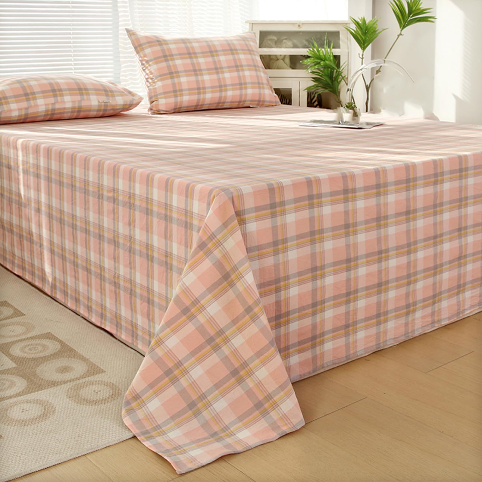 Drap plat 200x230cm rayures roses en coton avec 2 taies d'oreiller pour lit double