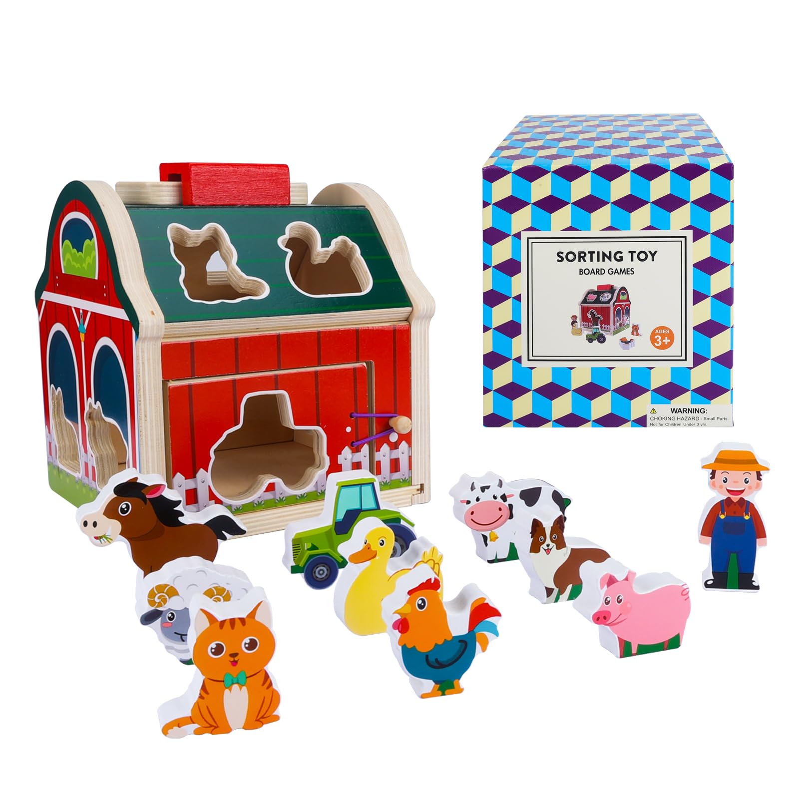 Offelec Wooden Take-Along Shape Sorting Barn Toy with Handle, 10 Farm Play Pcs, Boys Girls Preschool Montessori Toys, Stacking Learning Toy for Toddlers and Kids Ages 2+, Christmas Birthday Gift