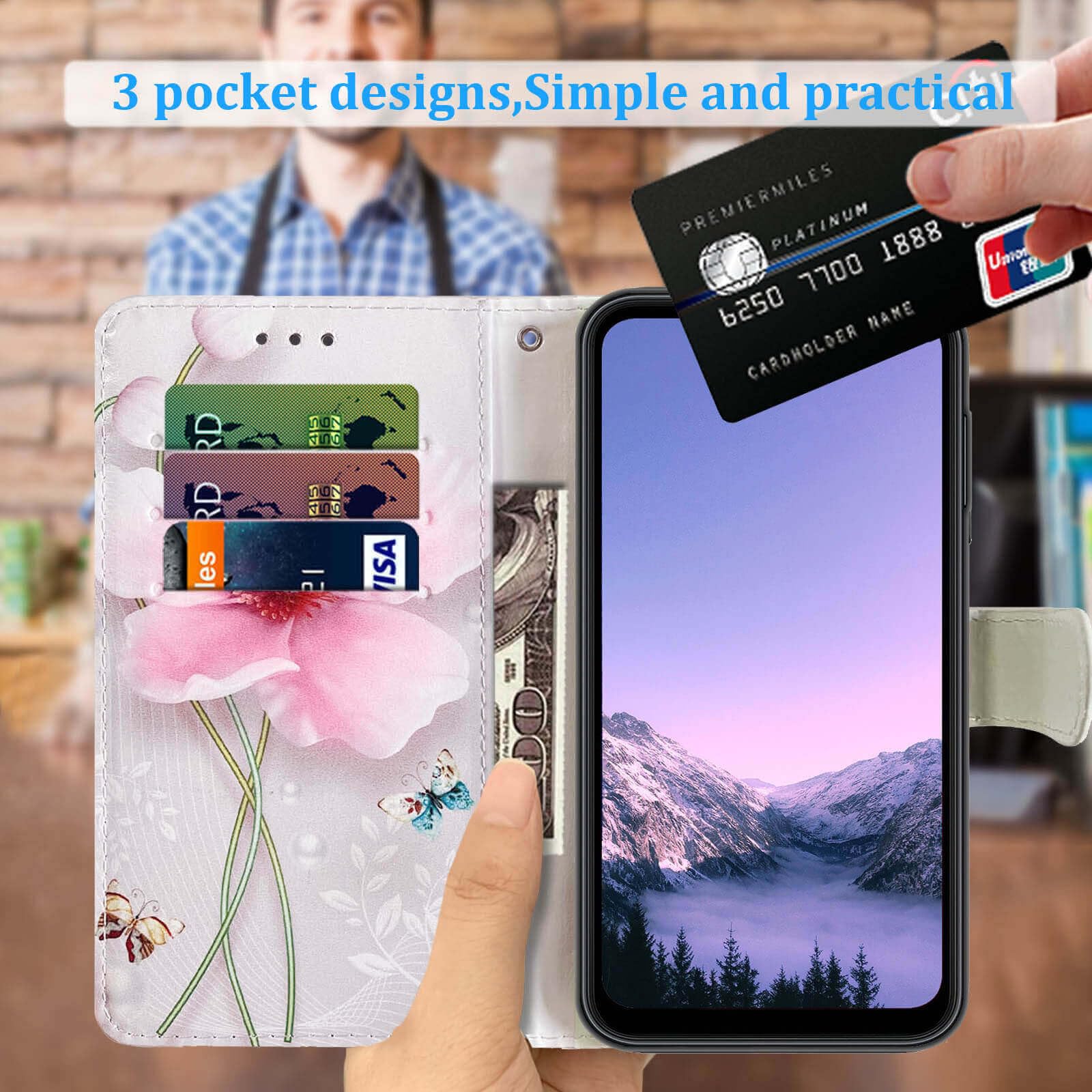 JanCalm for Galaxy A15 5G Phone Case Wallet,Floral Pattern Cute for Samsung Galaxy A15 5G Case Women Girl [Wrist Strap][Card Cash Slots][Kickstand] PU Leather Flip Cases Cover (Pearl Flower)