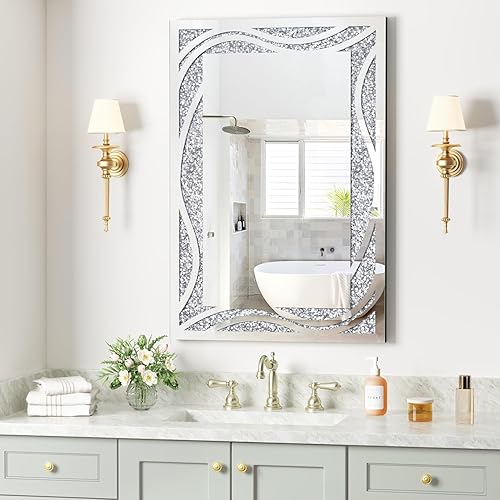 Miniatura 8 de MUAUSU Espejo de pared de cristal de 28 x 20 pulgadas, espejo de diamante triturado para pared, espejo rectangular plateado decorativo de pared para