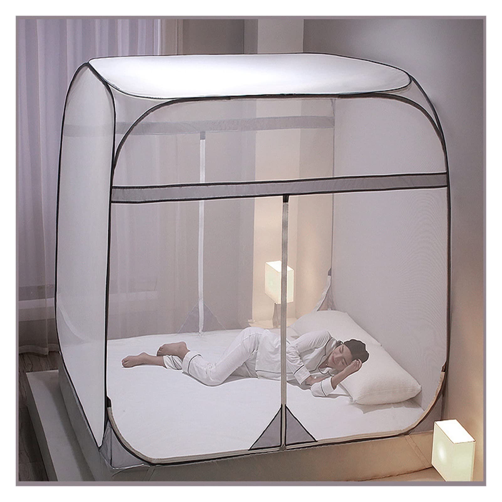 DXTFDHB Bed Canopy Square 4 Corners Netting Elegant Mosquito Net Play Tent Room Decoration Zipper Closure Bed Net Canopy Bedding(Grey,1.8 * 2.2m)