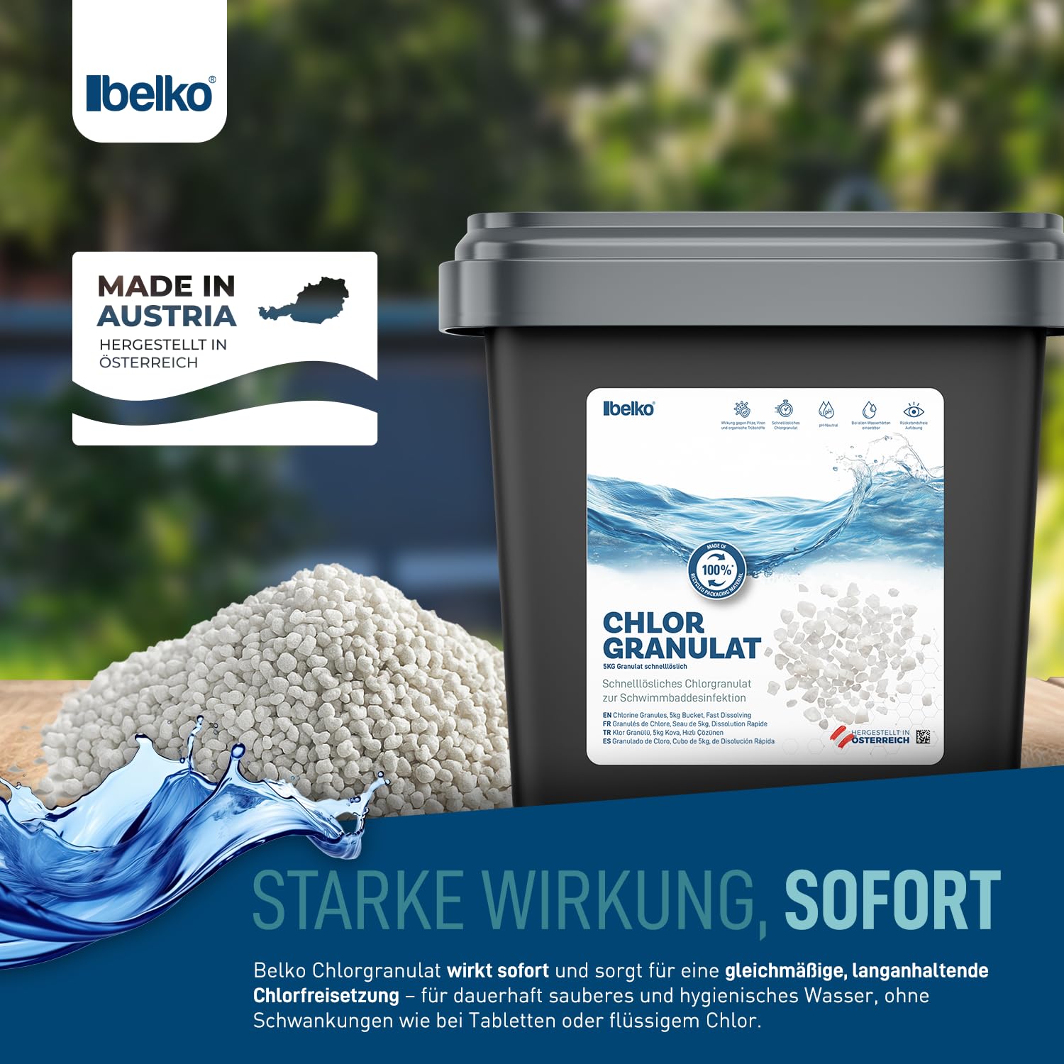 Belko® Chlorgranulat für Pool 5kg, schnelllöslich zur Schnellen Anhebung des Chlorgehaltes, Sichere und schnelle Desinfektion - für Pools, Aufstellpools, Whirlpools, Planschbecken