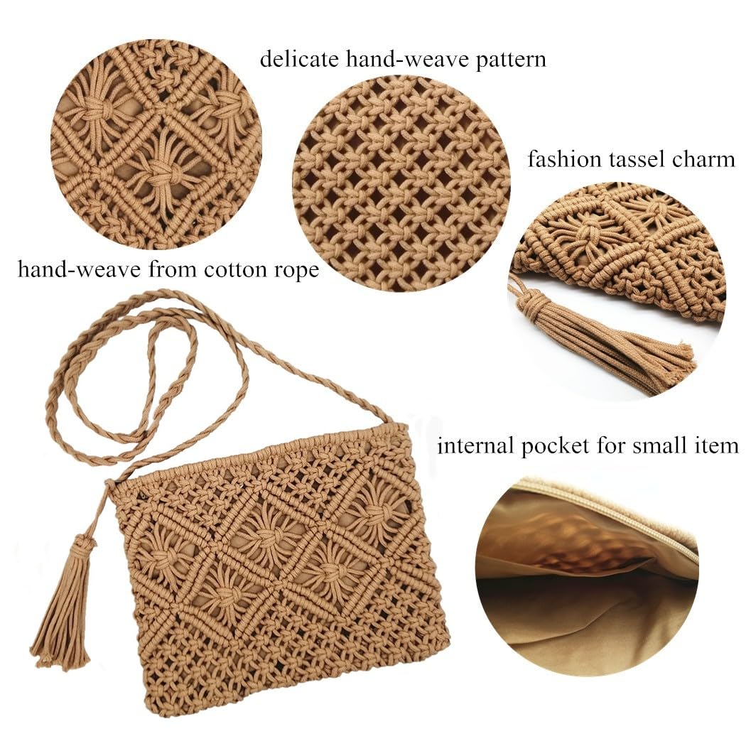 oukesin Borsa a tracolla da spiaggia estiva in nappa fatta a mano in macramè di cotone da donna, 041Cachi