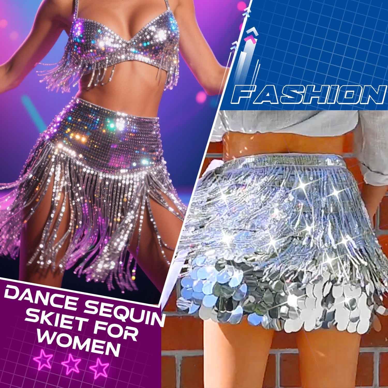 CLOACE Sequin Skirt Sparkly Belly Dance Hip Scarf Fringe Skirts for Women - Image 6