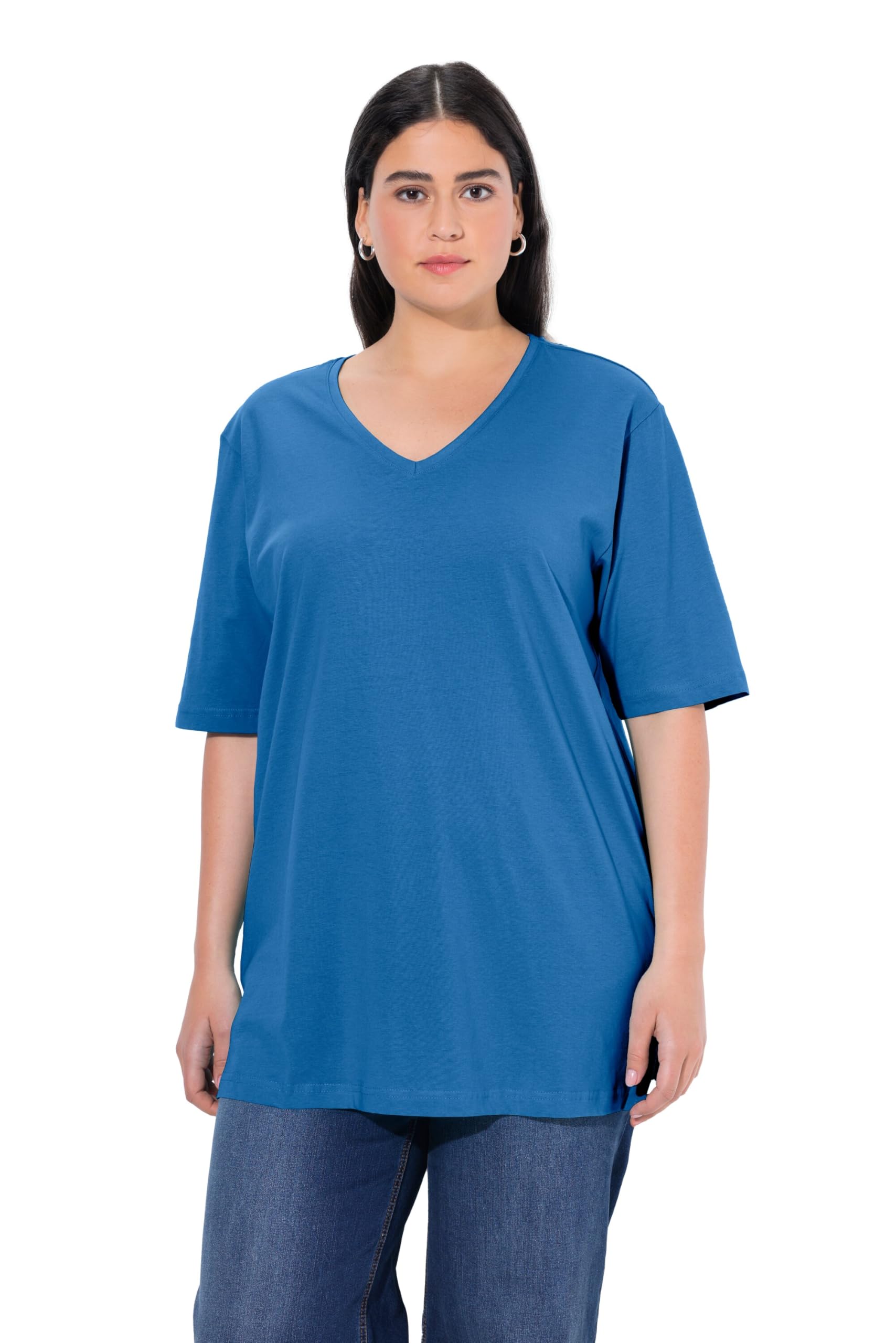 Ulla Popken Women's Large Sizes Plus Size T-Shirt, Relaxed Fit, with Half Sleeves and V-Neck, Casual Wide Cut Made of Soft Cotton with Side Slits