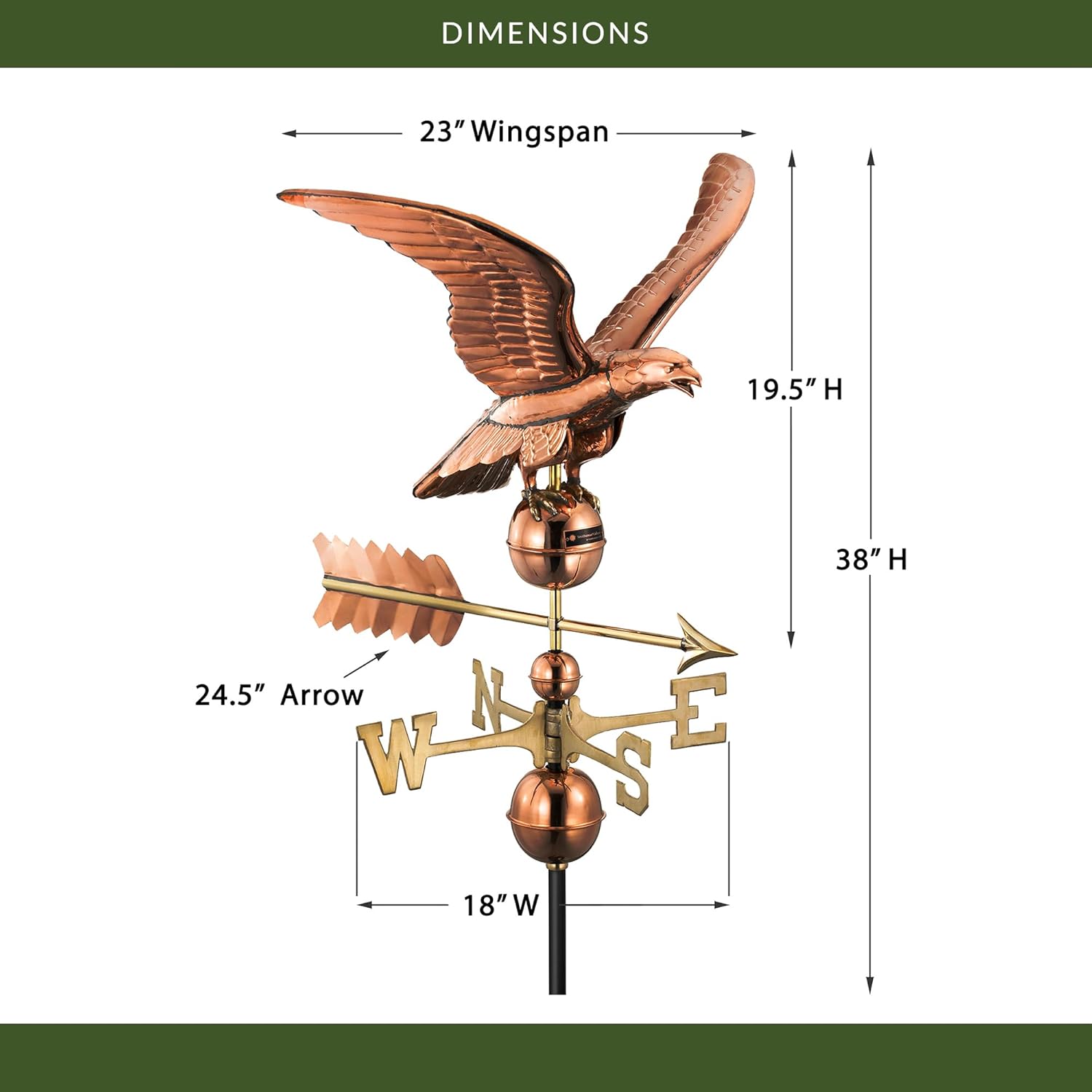 Good Directions Smithsonian Eagle Copper Weathervane, Includes Adjustable Roof Mount for Easy Installation - Hand-Polished Copper