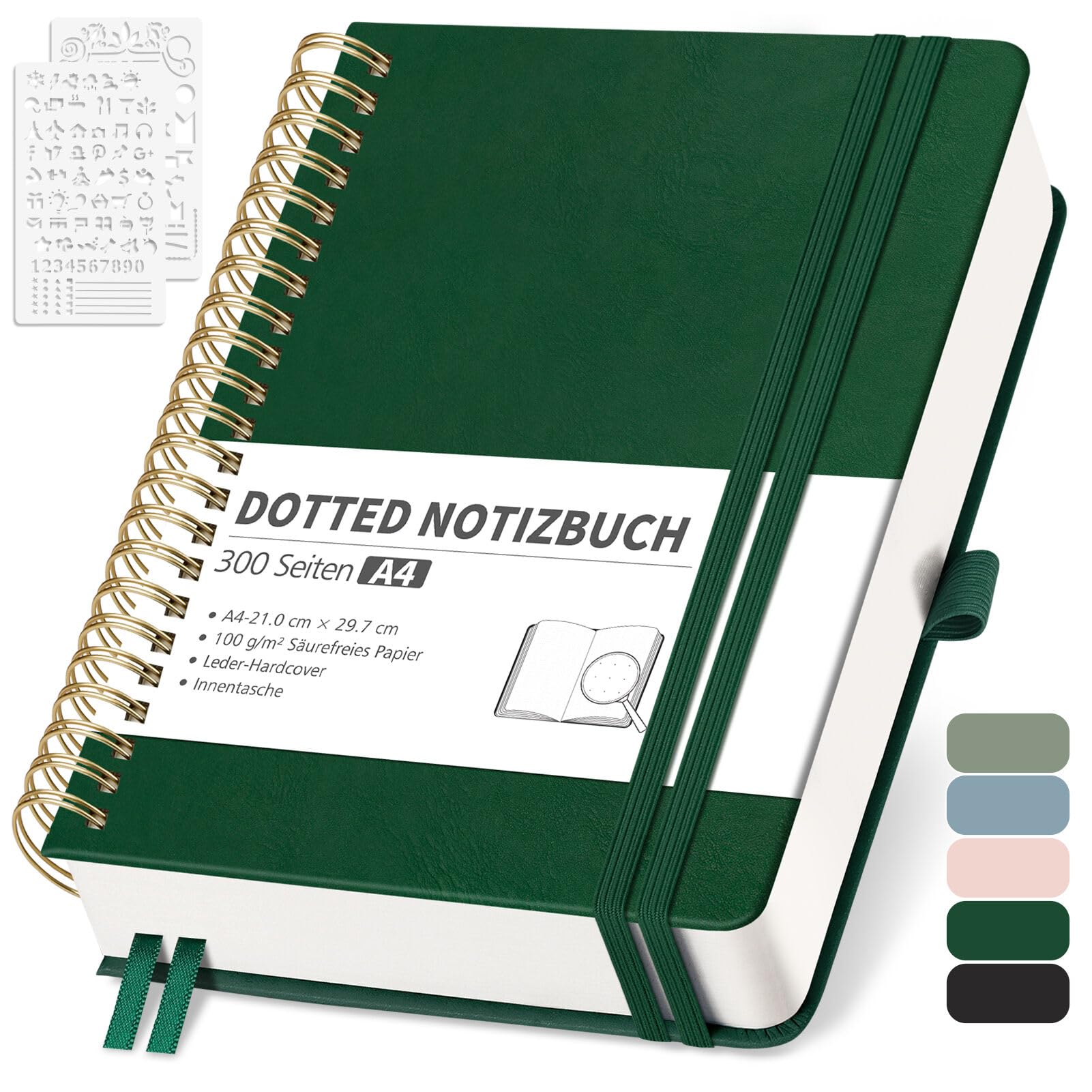 RETTACY Notizbuch A4 Liniert, Bullet Journal mit 100 g/m² Dickem Papier, 150 Blatt/300 Nummerierten Seiten, Collegeblock für Büro und Schule, Lederhülle, Dunkelgrün, 21 cm x 29.7 cm