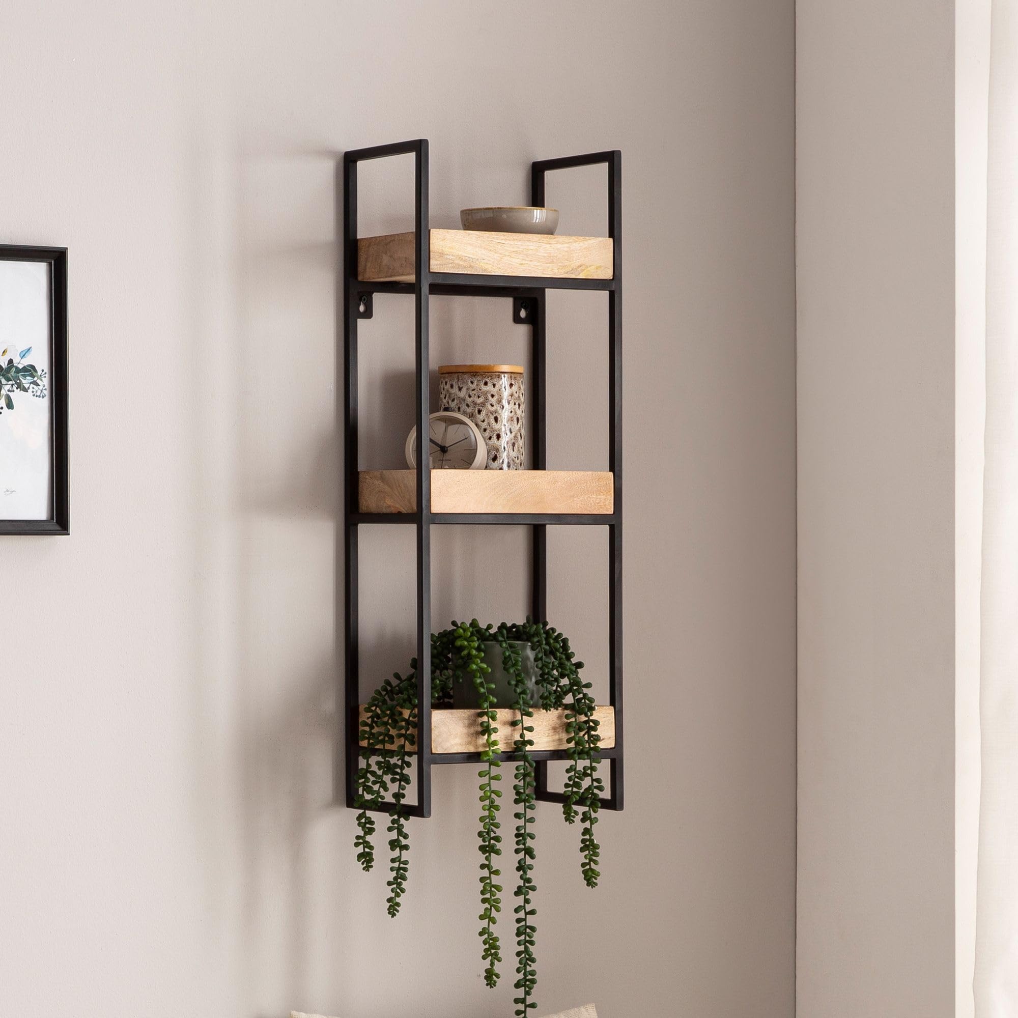FineBuy Estantería de pared industrial de 27 x 77 x 18 cm, mango de madera maciza/metal, estantería flotante de diseño rectangular, estantería colgante para salón, estantería de pared con 3 estantes y