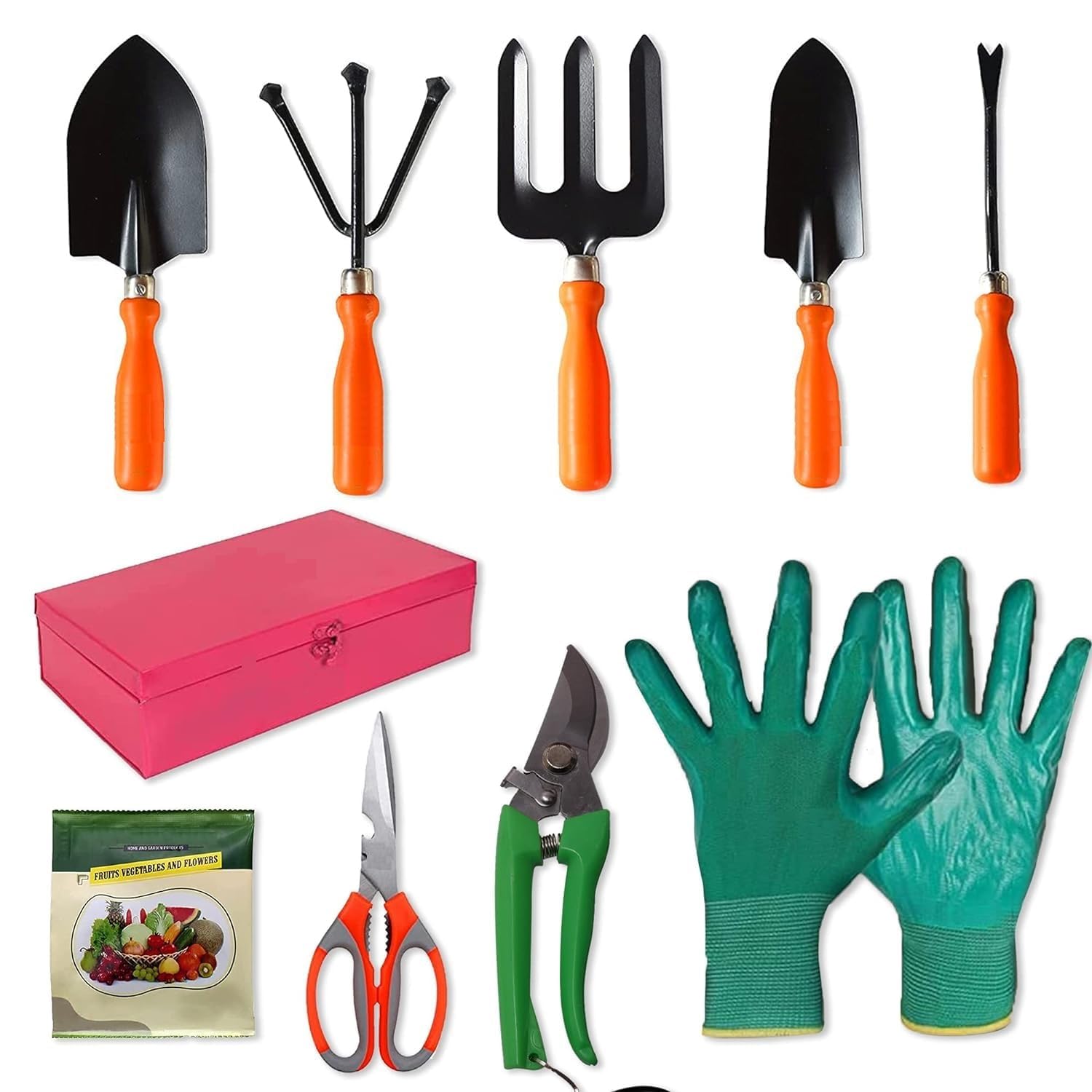 Garten-Handwerkzeug-Set – 10-teilig (Kultivator, Gartengabel, Kellen, Unkrautjäter, Gartenhandschuhe, Schere, Gartenschere, Samenpaket, Metallbox)