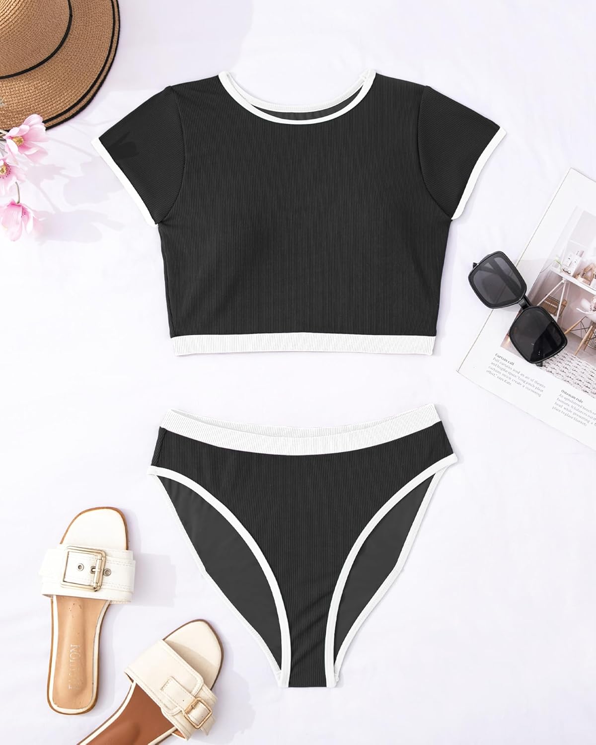 Jolefile Two Piece Swimsuits for Women High Neck Tankini Bathing Suits Tummy Control Ribbed Swim Suits for Teens Girls - Image 7