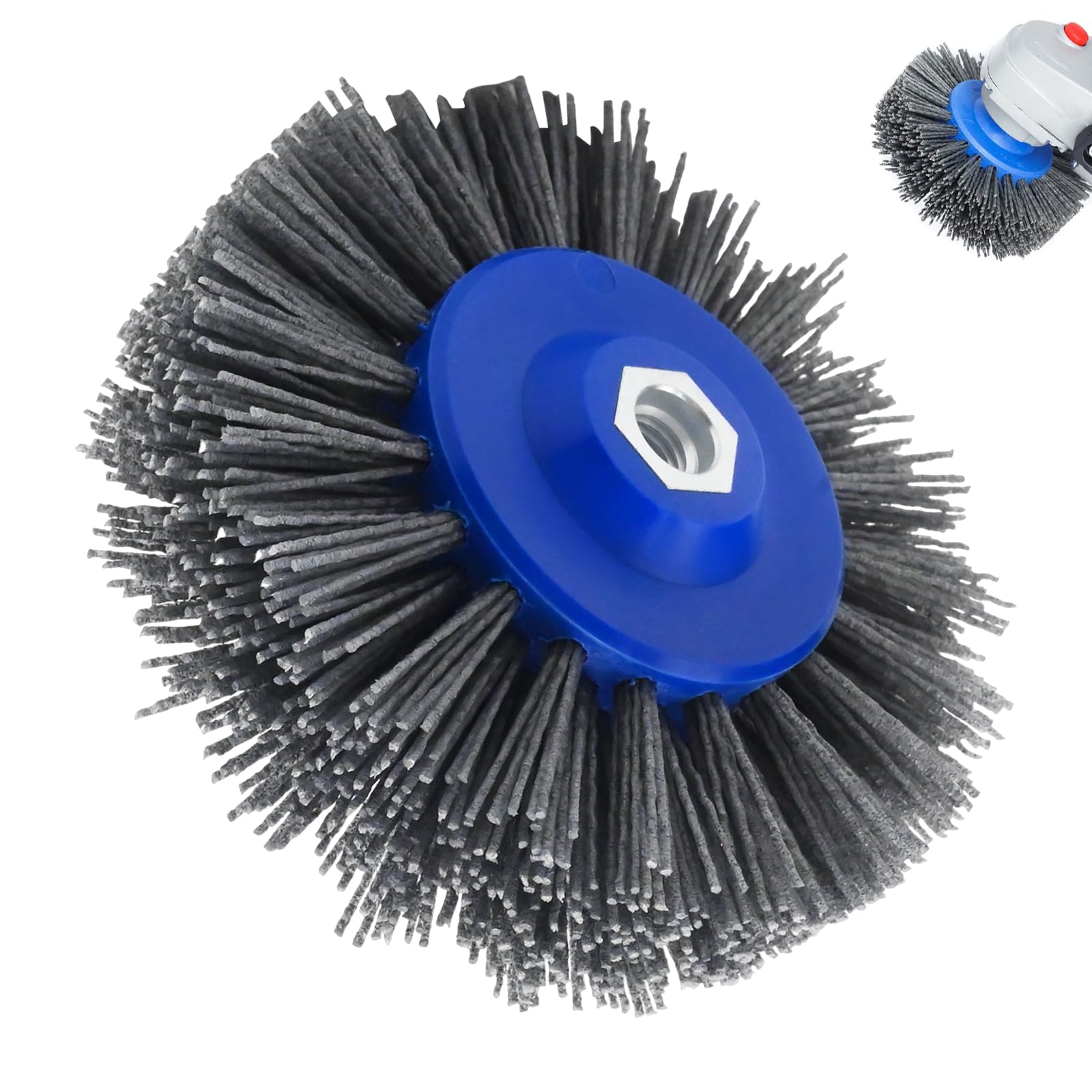 Brosse de ponçage, brosse en nylon grain 60, 150 mm M14 Brosse de polissage pour meuleuse d'angle, dérouillage du bois et du métal, ponçage et polissage Applications (grain 60)