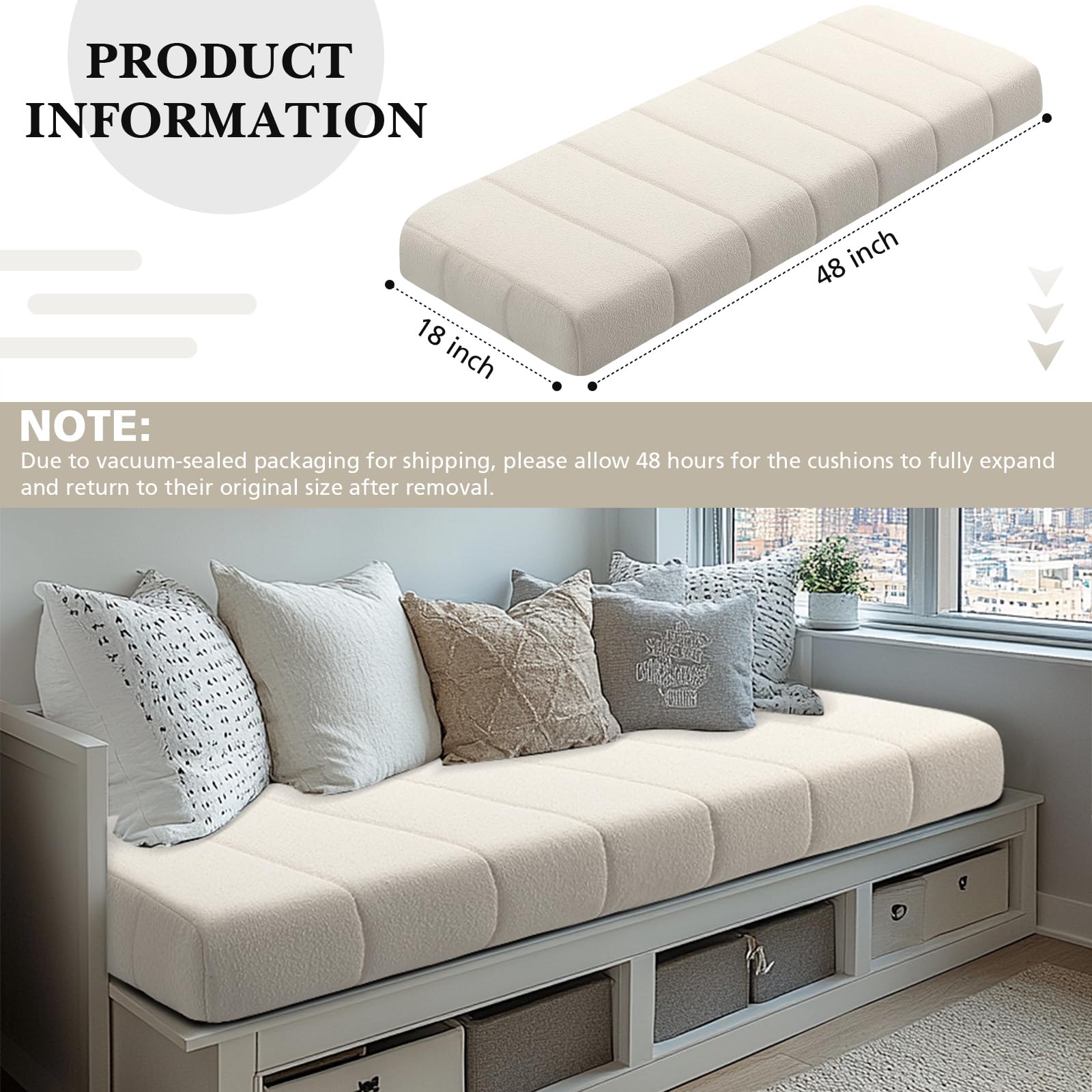 Wenqik Bench Cushion 48x18x4 Inch for Indoor Furniture Velvet Kitchen Dining Bay Window Seat Cushion Waterproof Tufted Thicken Bench Pad Anti Cat Scratch Non Slip for Outdoor Patio Porch Swing, Beige