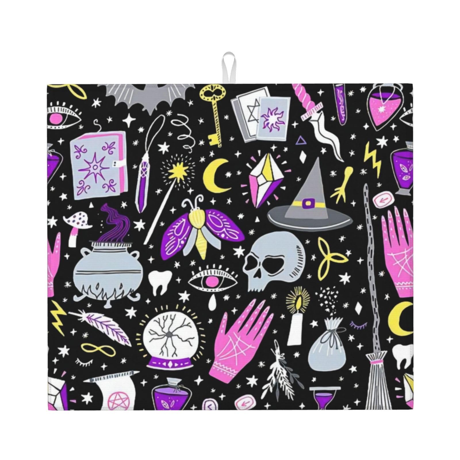 YYHHAOFA Magic Witch Witchcraft Bohemian Drawing Prints Kitchen Drying Mat – Highly Absorbent Microfiber Throw, Non-Slip Counter Cover for Dishes, Fade-Resistant Print & Appliance Protection