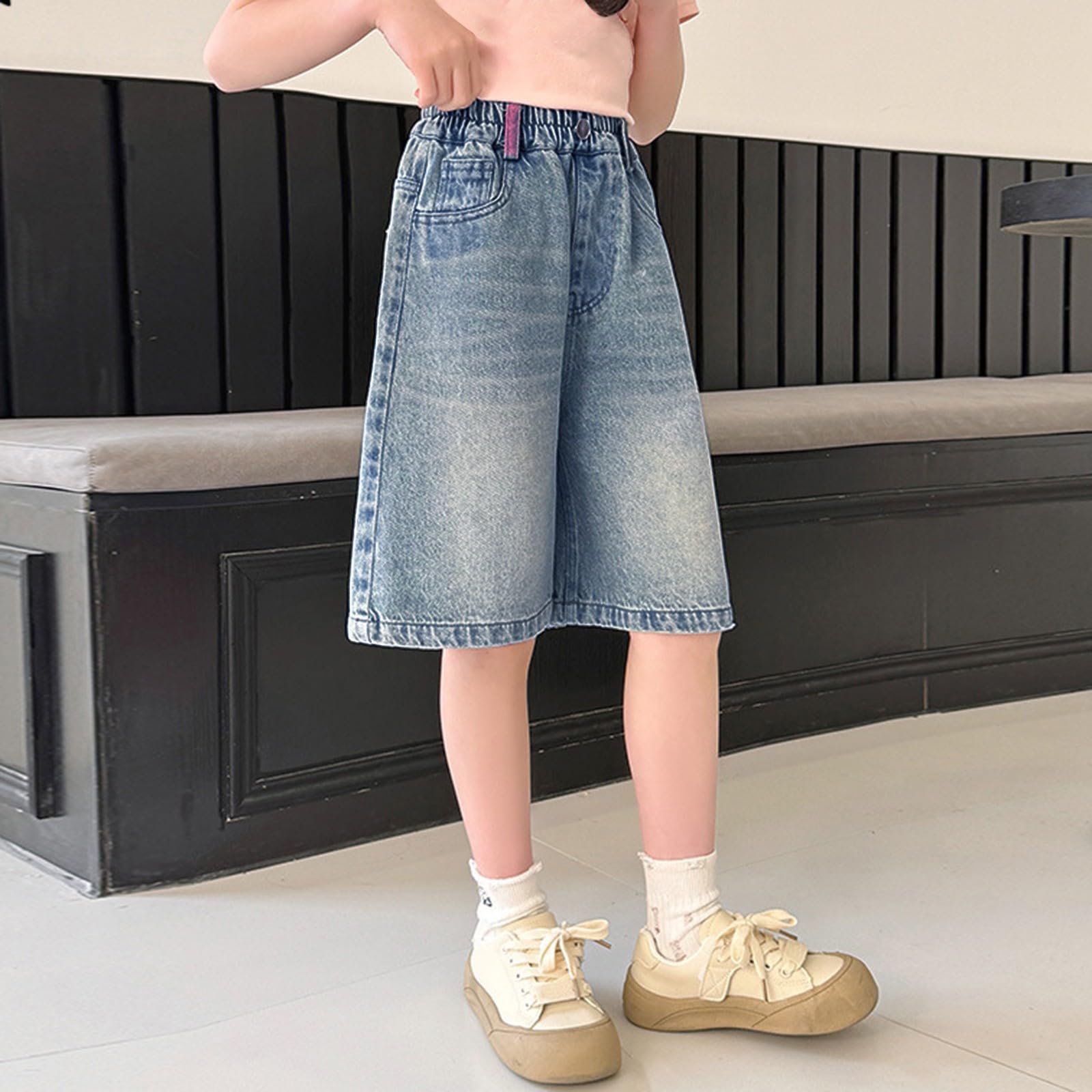 Short en jean élastique taille haute pour filles - Bermuda ample ample pour l'été tendance pour enfants