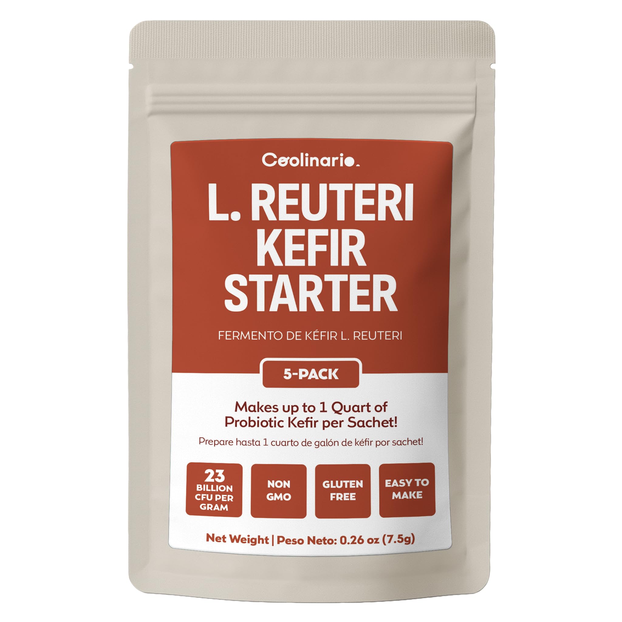Coolinario L Reuteri Kefir Starter Powder (5-Pack, 1g Sachets) Live Kefir Cultures with Lactobacillus Reuteri Probiotics | Creamy & Tangy | Non-GMO, No Preservatives, Gluten Free, Halal, Kosher