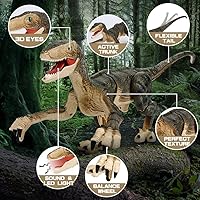 Vista 2 de FRUSE Juguetes de dinosaurio jurásico con control remoto para niños, juguete de robot de dinosaurio velociraptor de 2.4 Ghz, luz LED, para caminar