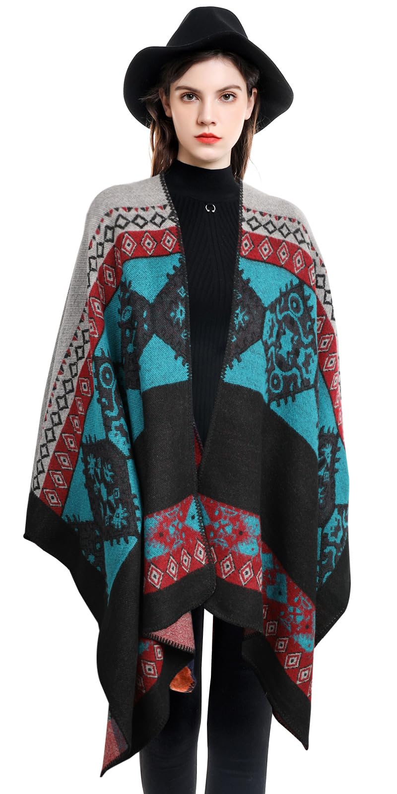 Femme Poncho Châle Ouvert Cape Imprimé Wrap Manteau Echarpe Epaisse Poncho Rétro Cardigan Foulard Automne Hiver