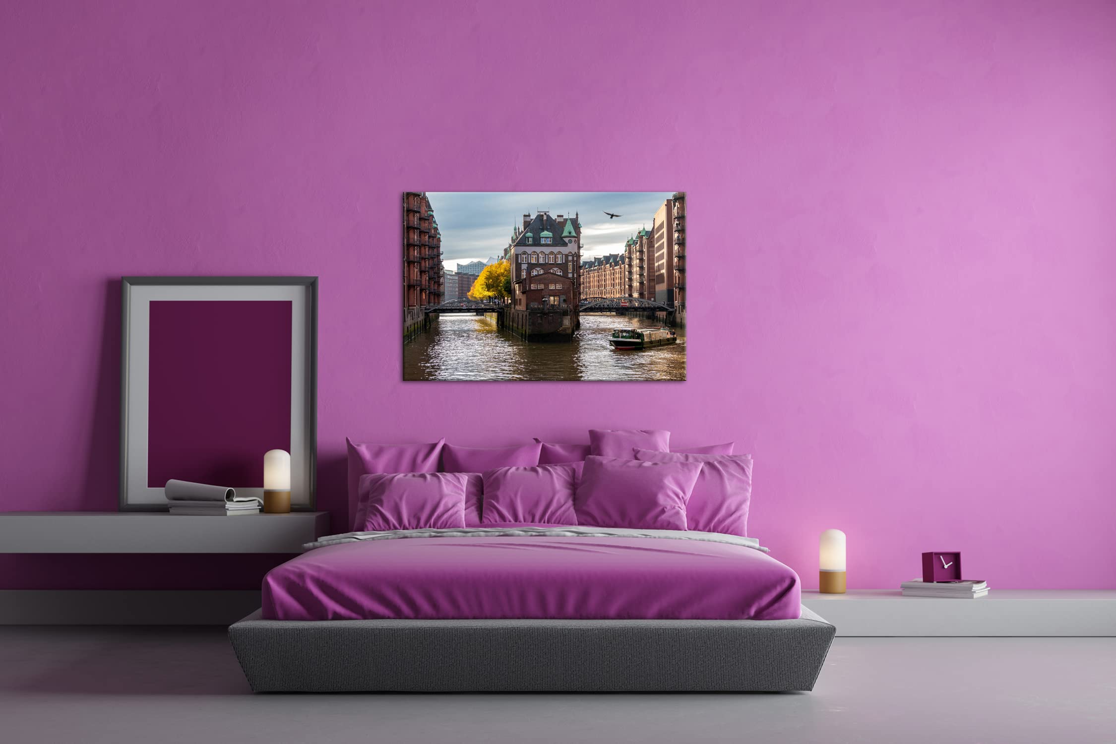 Stampa Su Tela 'Amburgo Speicherstadt Canale' - 40x40 Cm Bianco E Nero - Quadro Con Cornice In Legno Made In Germany