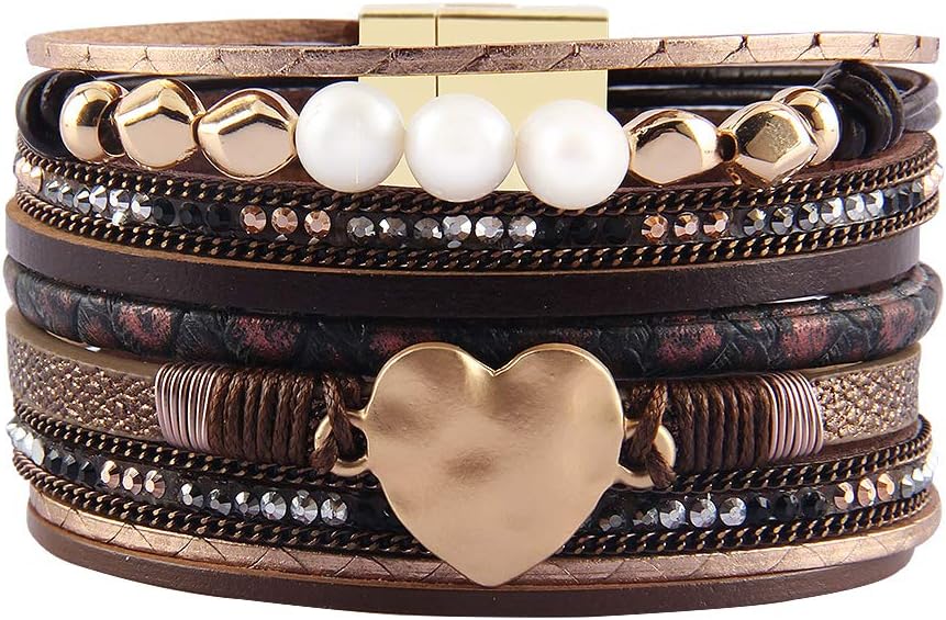 AZORA Womens Leather Cuff Bracelet Baroque Pearl Wrap Bracelets Gorgeous Gold Tube Bangle Handmade Wristbands Jewelry Bohemian Gift for Women