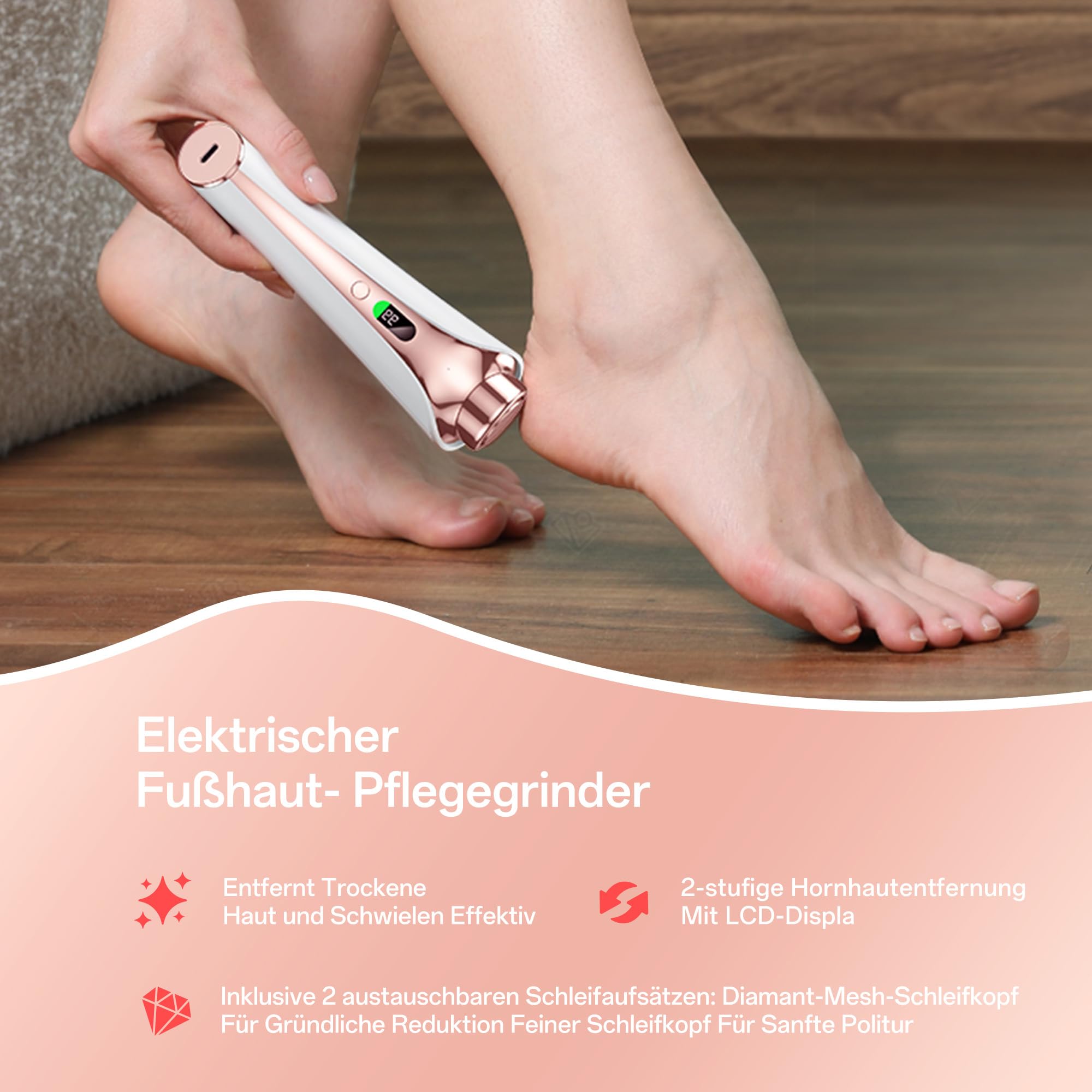Morfone Hornhautentferner Elektrisch mit 2 Nano-Glasaufsätzen, Elektrischer Hornhautentferner für Fußpflege, Sanfte Pediküre - Wiederaufladbar 2-Stufen Einstellbare Geschwindigkeit（Rosa）