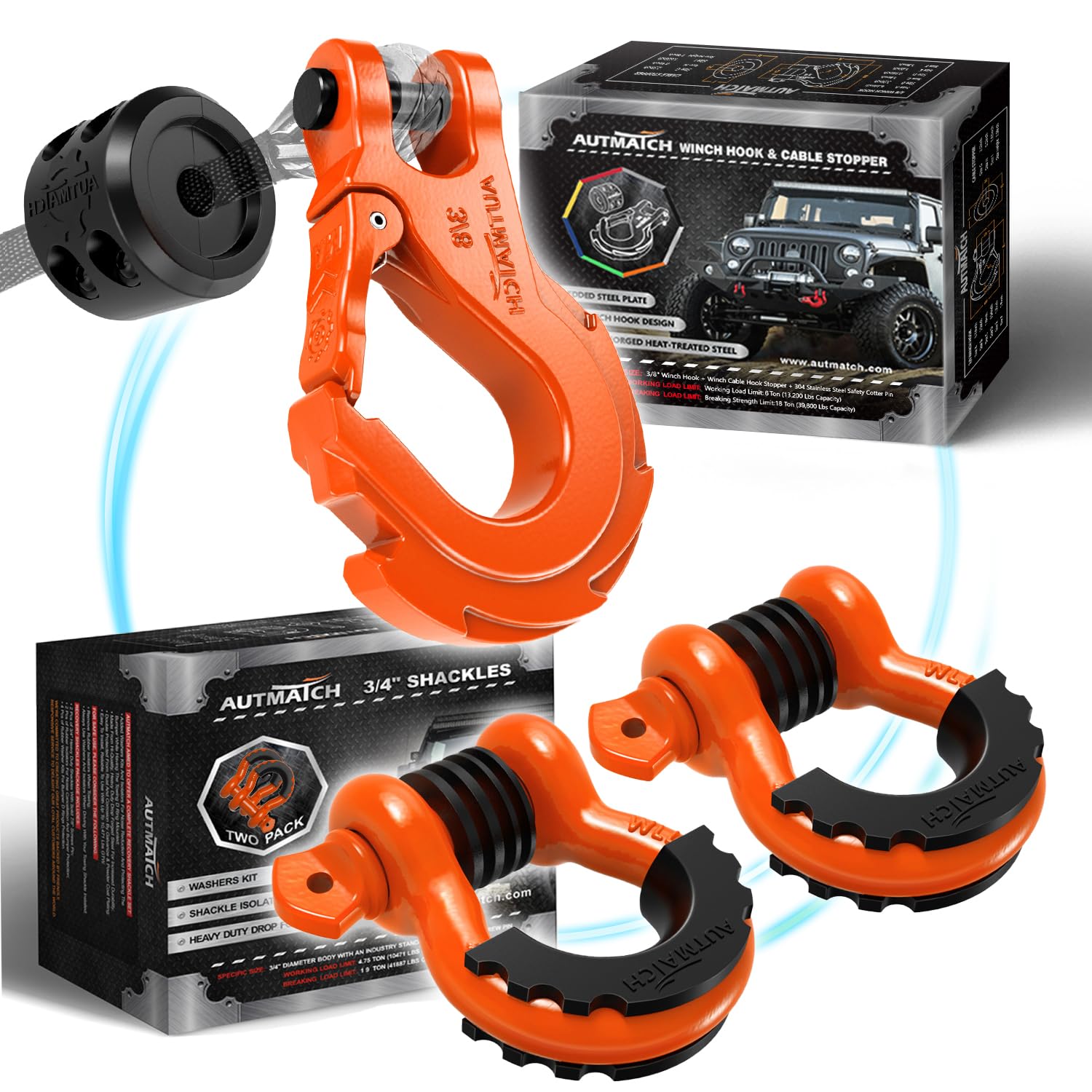AUTMATCH3/8" Winch Hook with Winch Cable Hook Stopper, 3/4" D Ring Shackles - Grade 70 Forged Steel Clevis Slip Hook Work for Winch Rope, ATV, UTV, Off Road Vehicle, Orange
