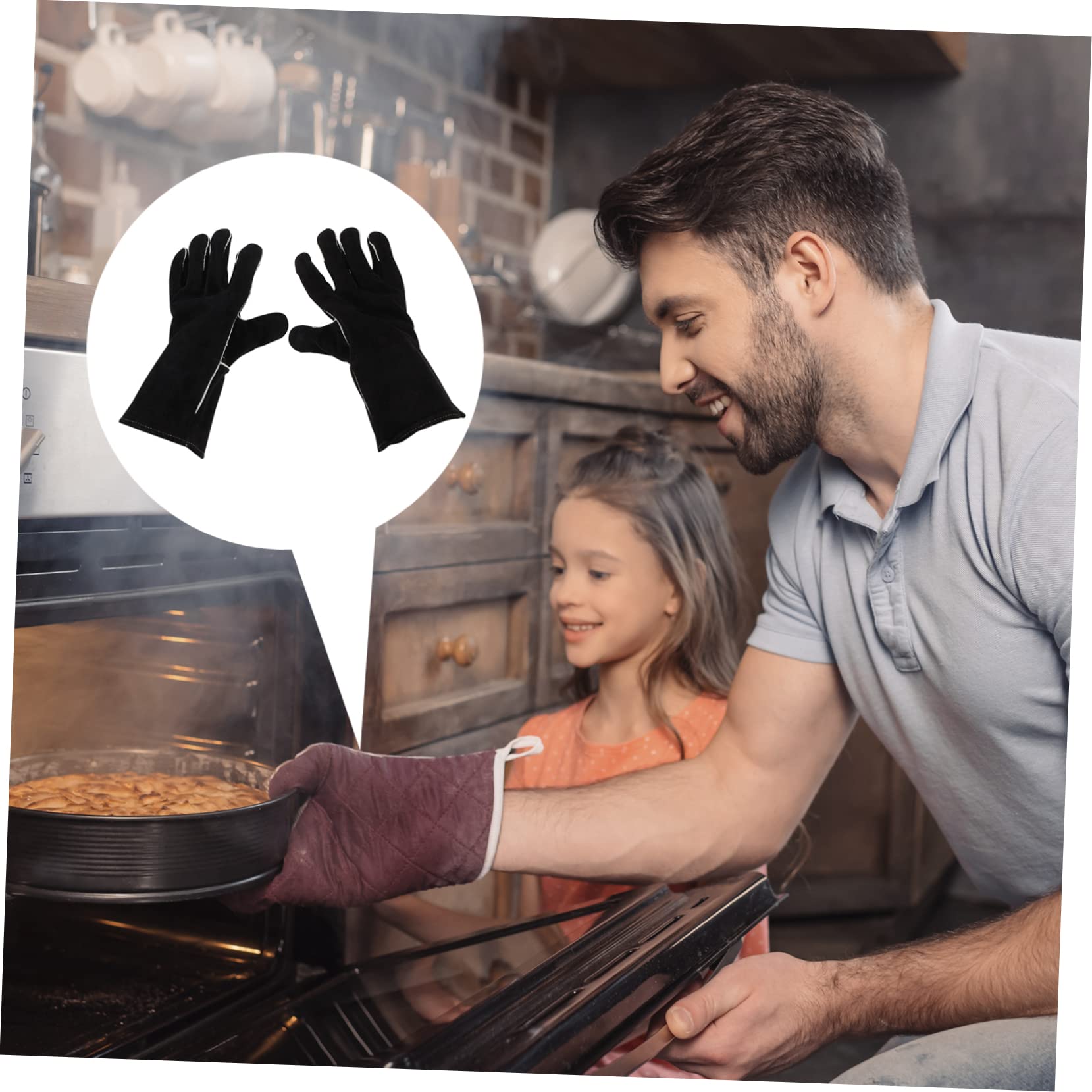 Guanti per Barbecue Anticalore in Pelle Bovina Nera, Design a 5 Dita, Protezione Completa e Presa Antiscivolo per Campeggio e Casa