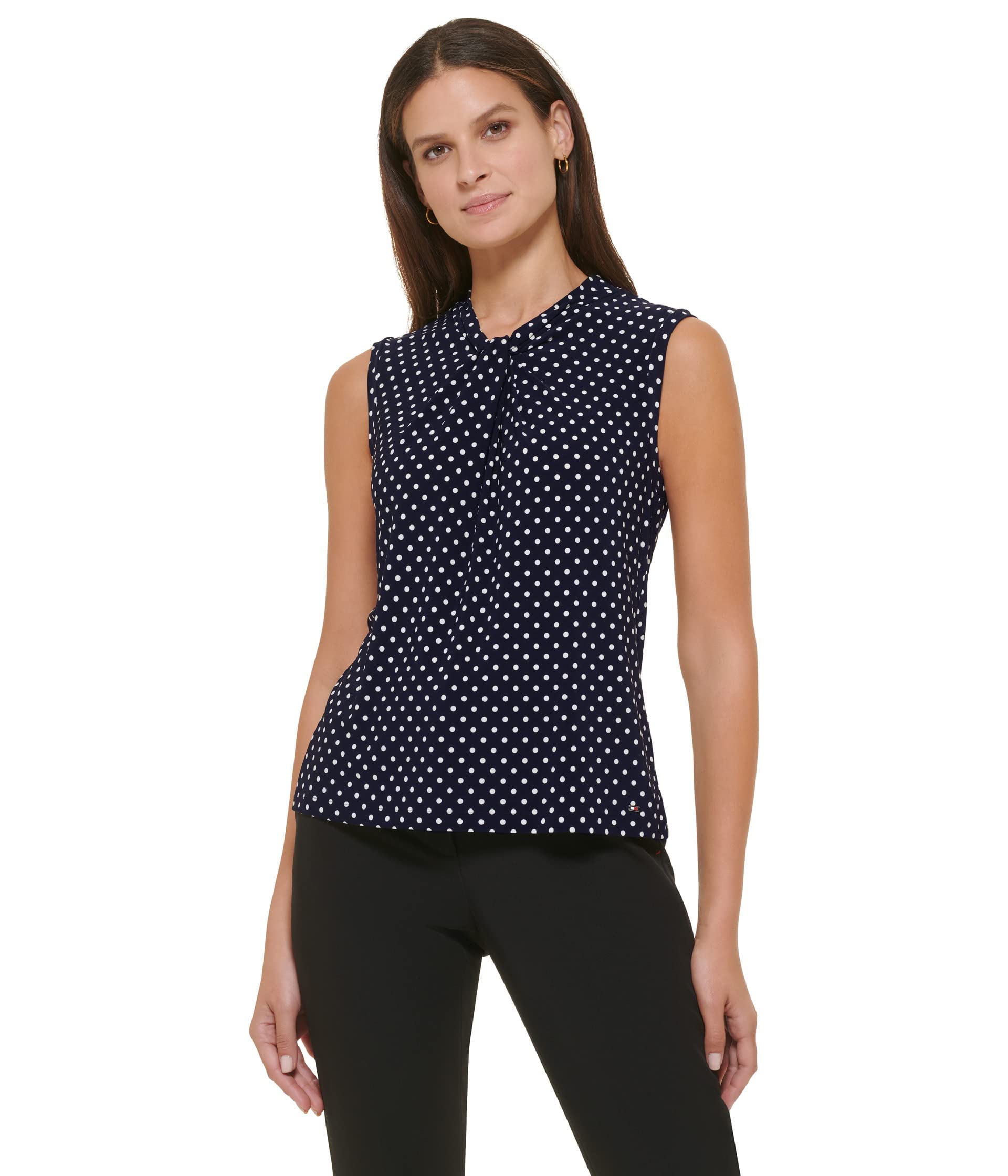 Tommy Hilfiger Blusa sin mangas - Tops casuales de negocios para mujer con escote anudado