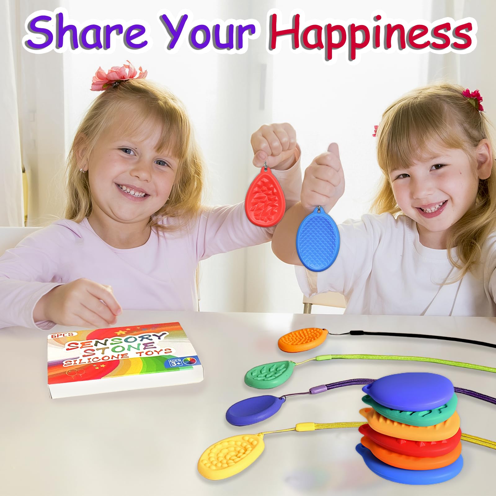 Echehi 6 Pieces Sensory Toys for Kids Adults 10 Different Tactile and Visual for Relieve Anxiety Silicone Sensory Stone with Holes for Easy Carrying - Image 4