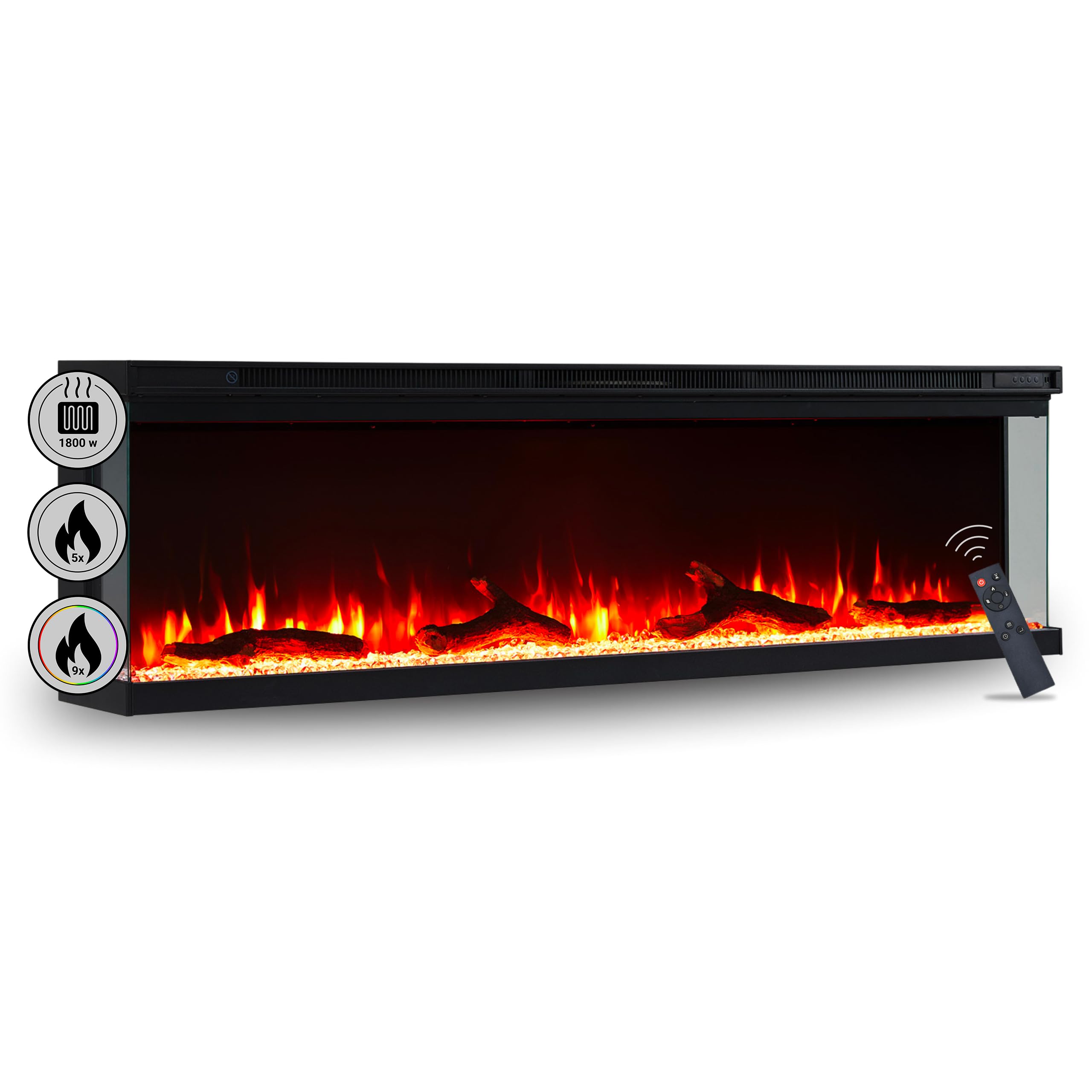 BALDERIA Camino elettrico Orson | Camino elettrico da parete/incasso, effetto fiamma LED 3D, dimmerabile, camino con riscaldamento da 1800 W di potenza, timer (60")
