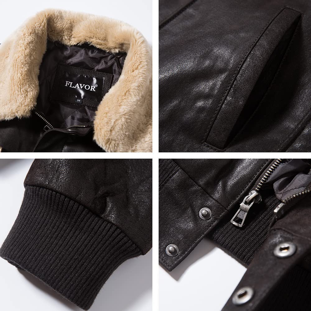 FLAVOR Giubbotto Bomber da Uomo in Vera Pelle con Collo in Pelliccia Removibile